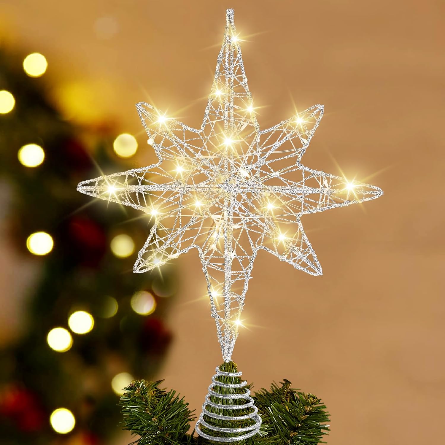Decoración para árbol de Navidad de 13.5 pulgadas, estrella plateada con 20 luces LED para decoración de árbol de Navidad, adorno para Año Nuevo,