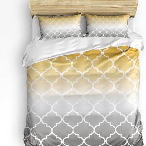 Juego de edredón tamaño Queen amarillo y gris degradado degradado suave juego de funda de edredón de 3 piezas con patrón marroquí con funda de Juego de edredón tamaño Queen amarillo y gris degradado degradado suave juego de funda de edredón de 3 piezas con patrón marroquí con funda de