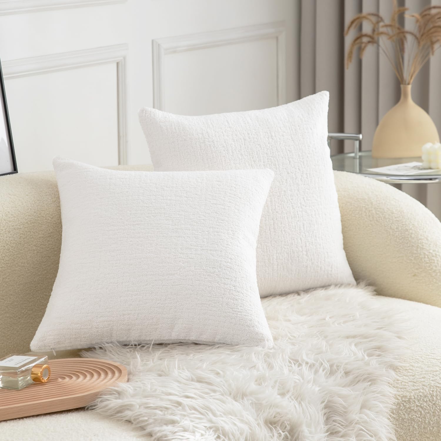 Fundas de almohada con textura de color blanco perla para cama y sofá, 16 x 16 pulgadas, paquete de 2