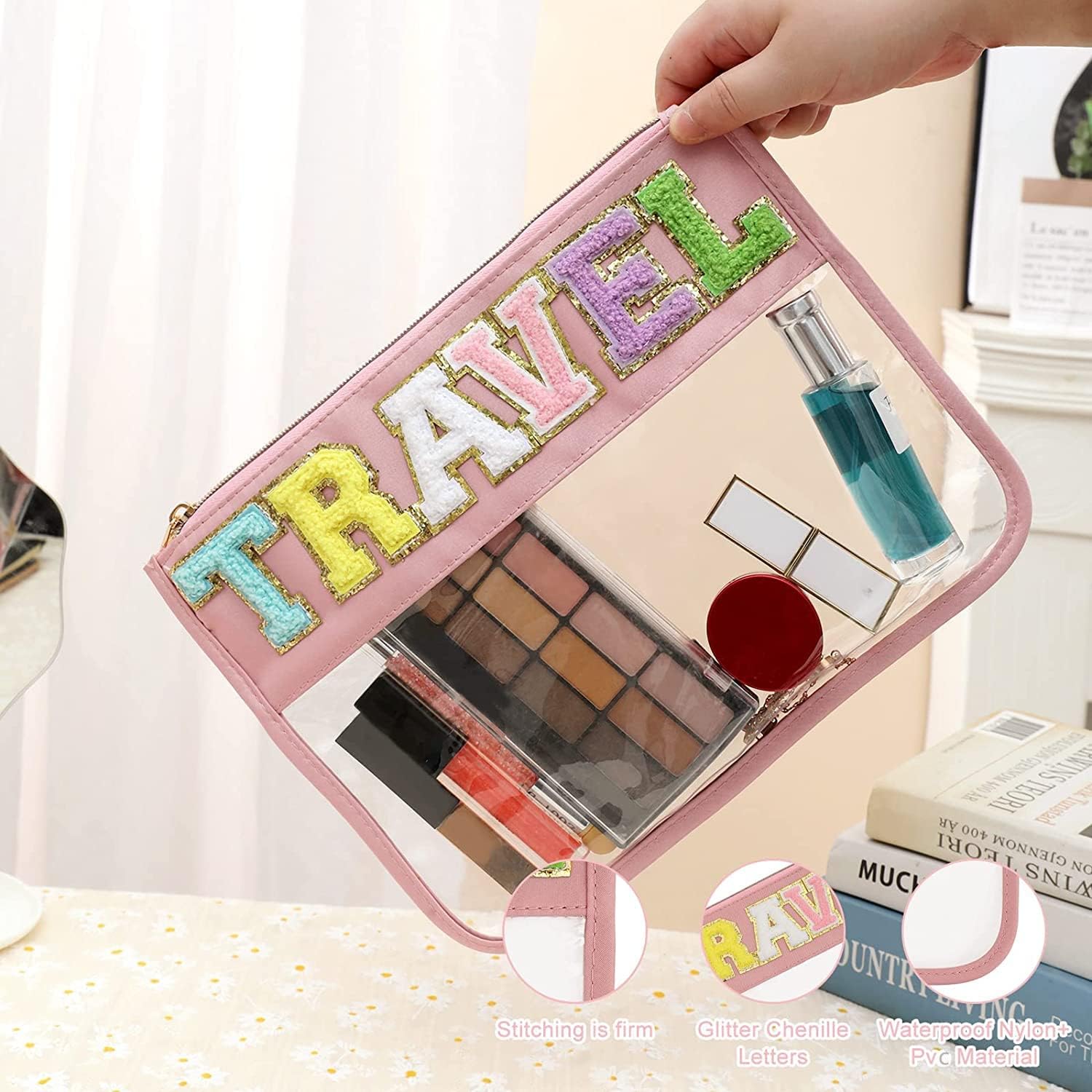 Bolsa de felpilla plana transparente, bolsas multiusos de PVC y nailon, bolsa de maquillaje de viaje con cremallera para mujeres y niños, bolsas