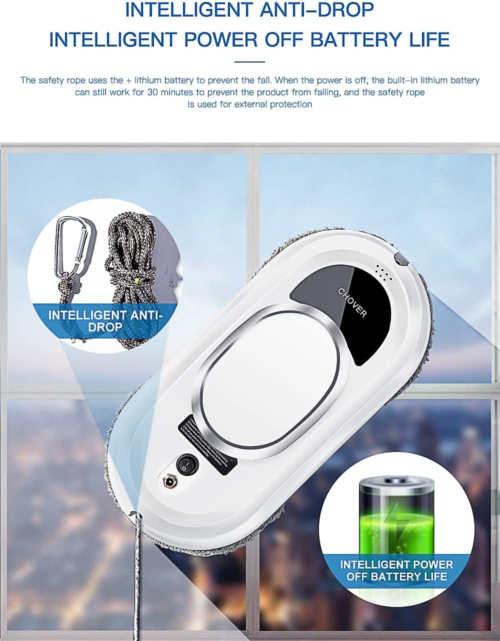 CHOVERY – Aspirador de ventana, robot de limpieza al vacío con 5600 Pca, batería inteligente anticaída y apagado con control remoto para ventanas,