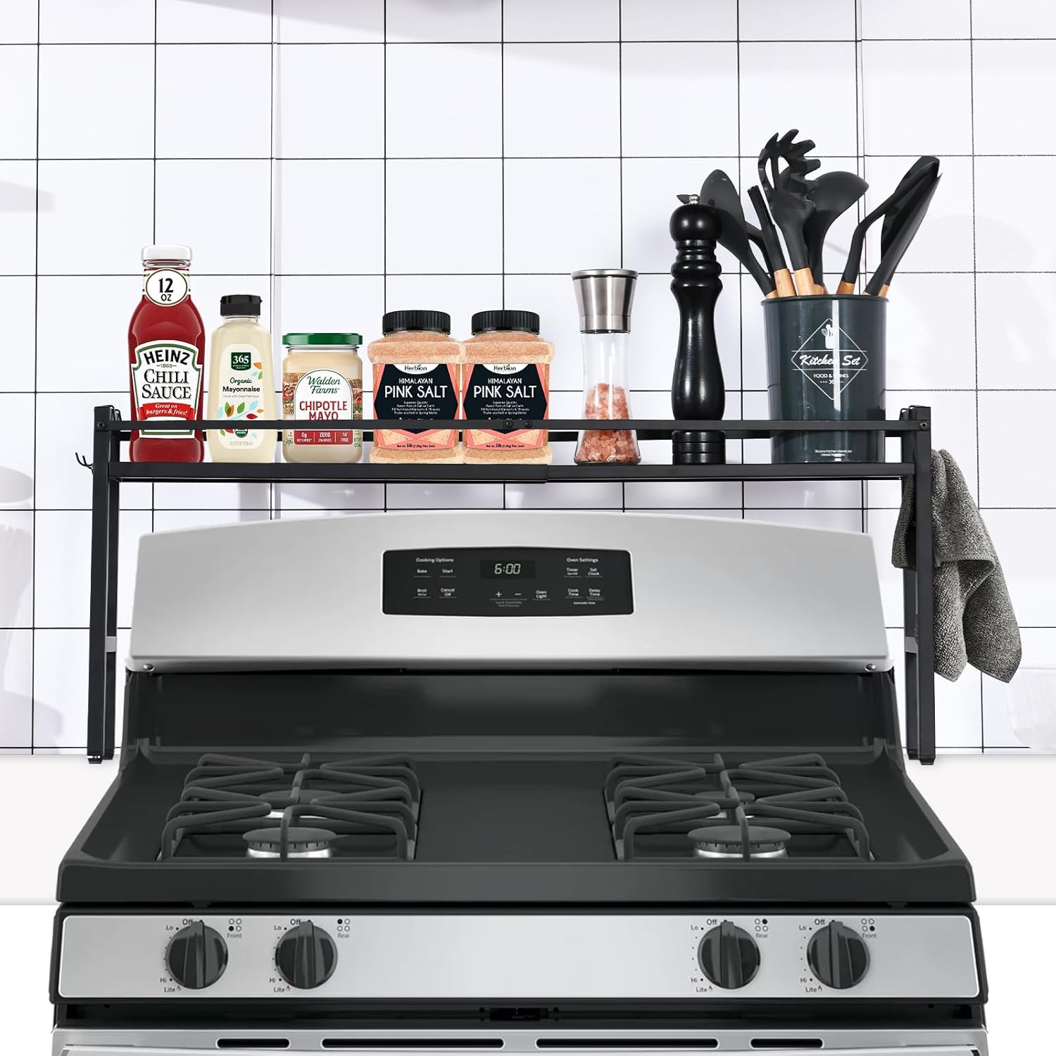 Estante para estufa, estante de especias para cocina, estante organizador de especias con 4 ganchos para encimera de almacenamiento adicional,