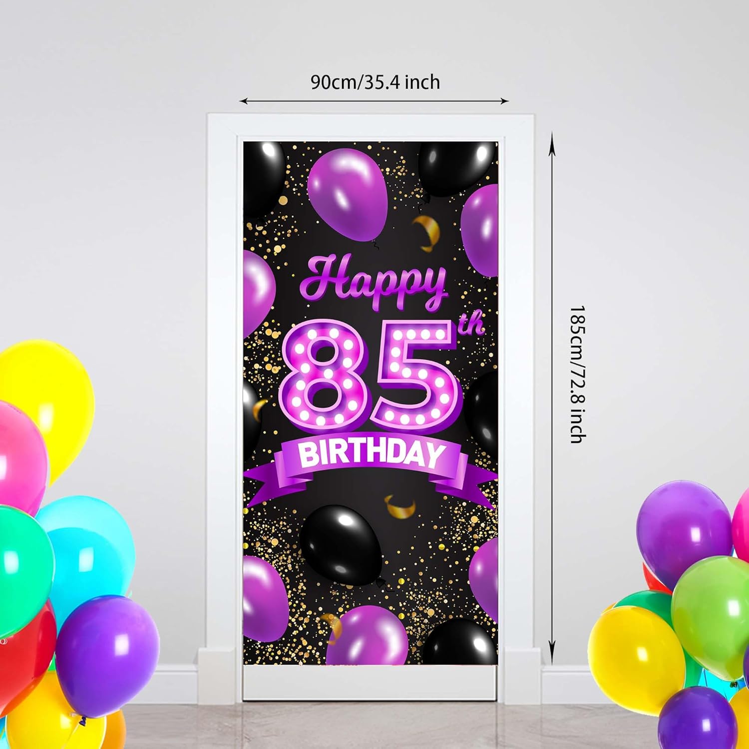 Cartel de feliz cumpleaños 85 morado y negro, decoración temática de globos de confeti de 85 años para mujeres, decoraciones de fiesta de cumpleaños