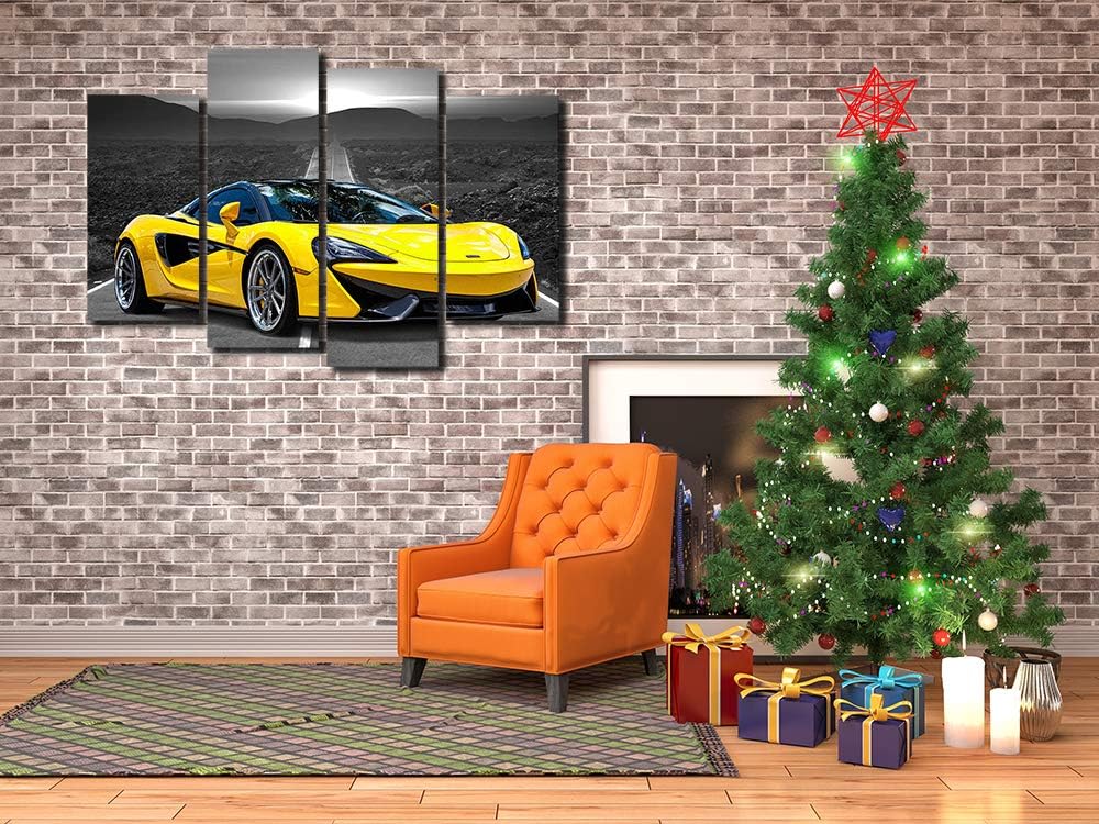 Póster de pared en blanco y negro, 4 piezas de automóvil deportivo amarillo grande, lienzo para habitación de niños, dormitorio, sala de estar,