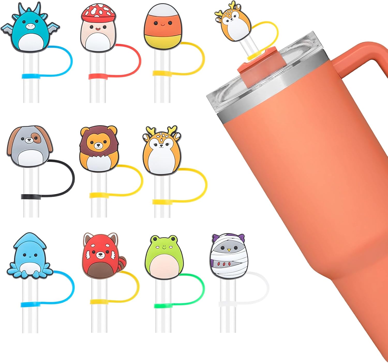 10 fundas de paja Stanley de animales de 9 a 0.394 in, tapas de popote reutilizables para vasos Stanley de 3040 onzas, adornos de popote