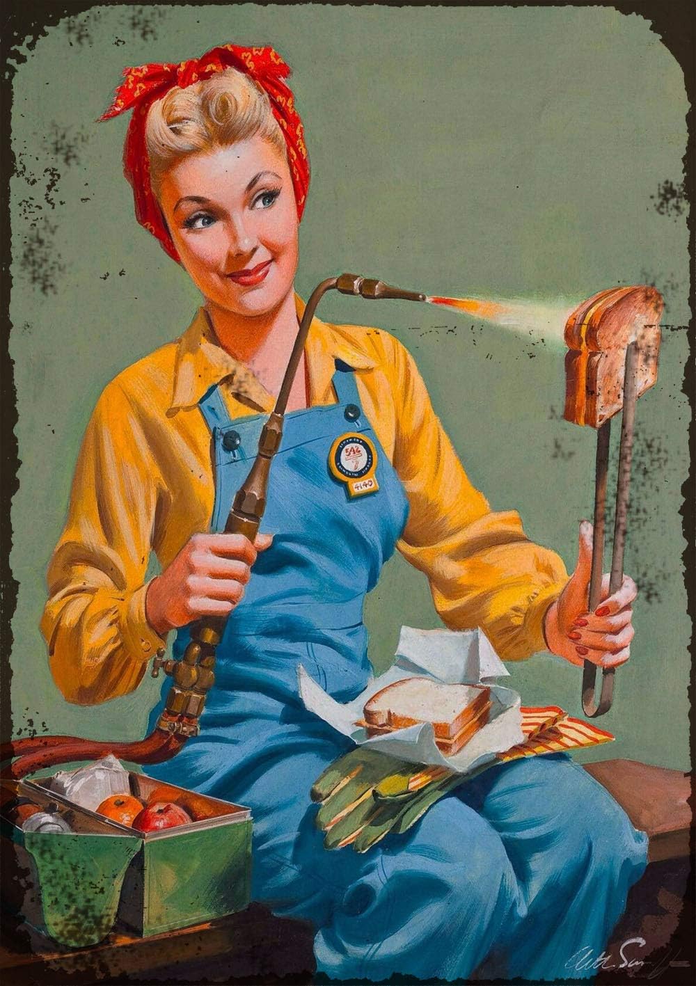 Sylty Letrero de metal de aspecto vintage de 8 x 12 pulgadas de los años 40 Pin-Up Girl Rosie Welding Lunch Retro Art Pin Up Decoración de pared