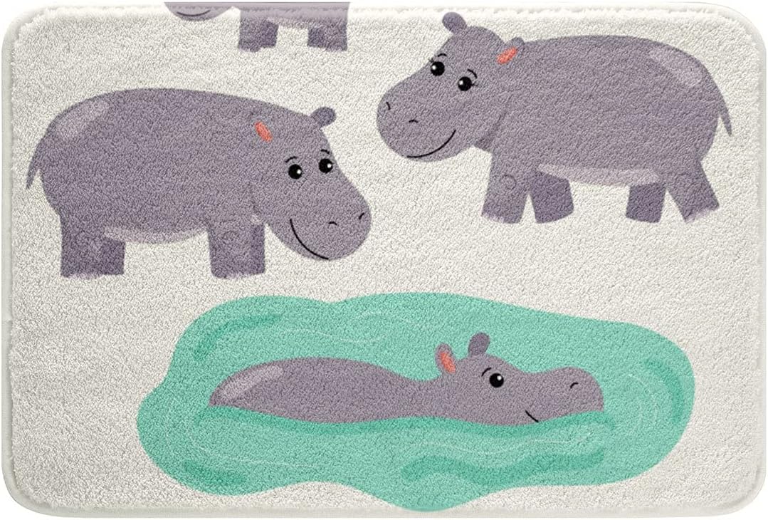 Alfombra de baño antideslizante, diseño de dibujos animados de hipopótamo, bonito patrón de estanque de animales salvajes, alfombra de baño de forro