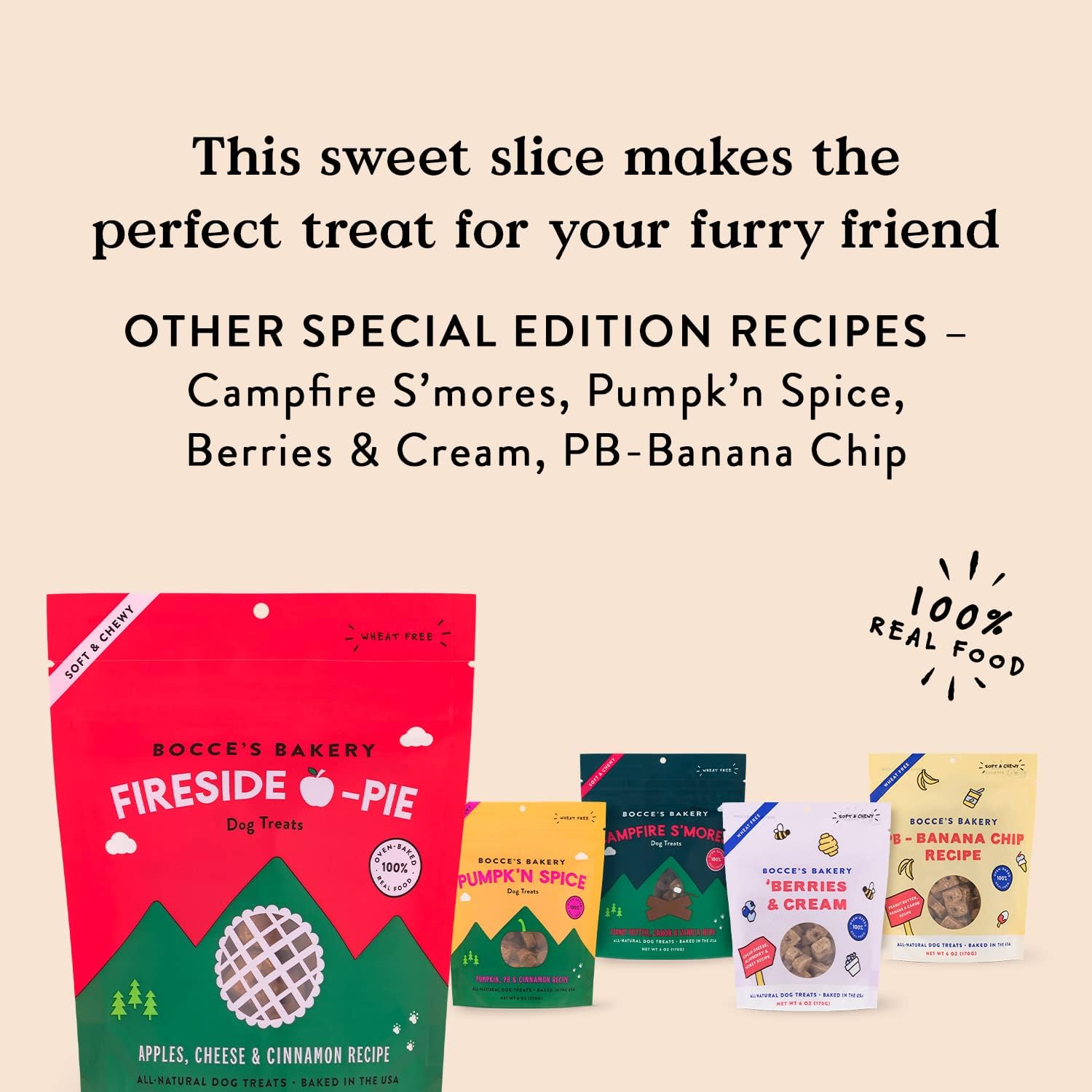 Bocce’s Bakery Fireside – Golosinas de pastel de manzana para perros, golosinas diarias sin trigo, hechas con ingredientes reales, horneadas en los