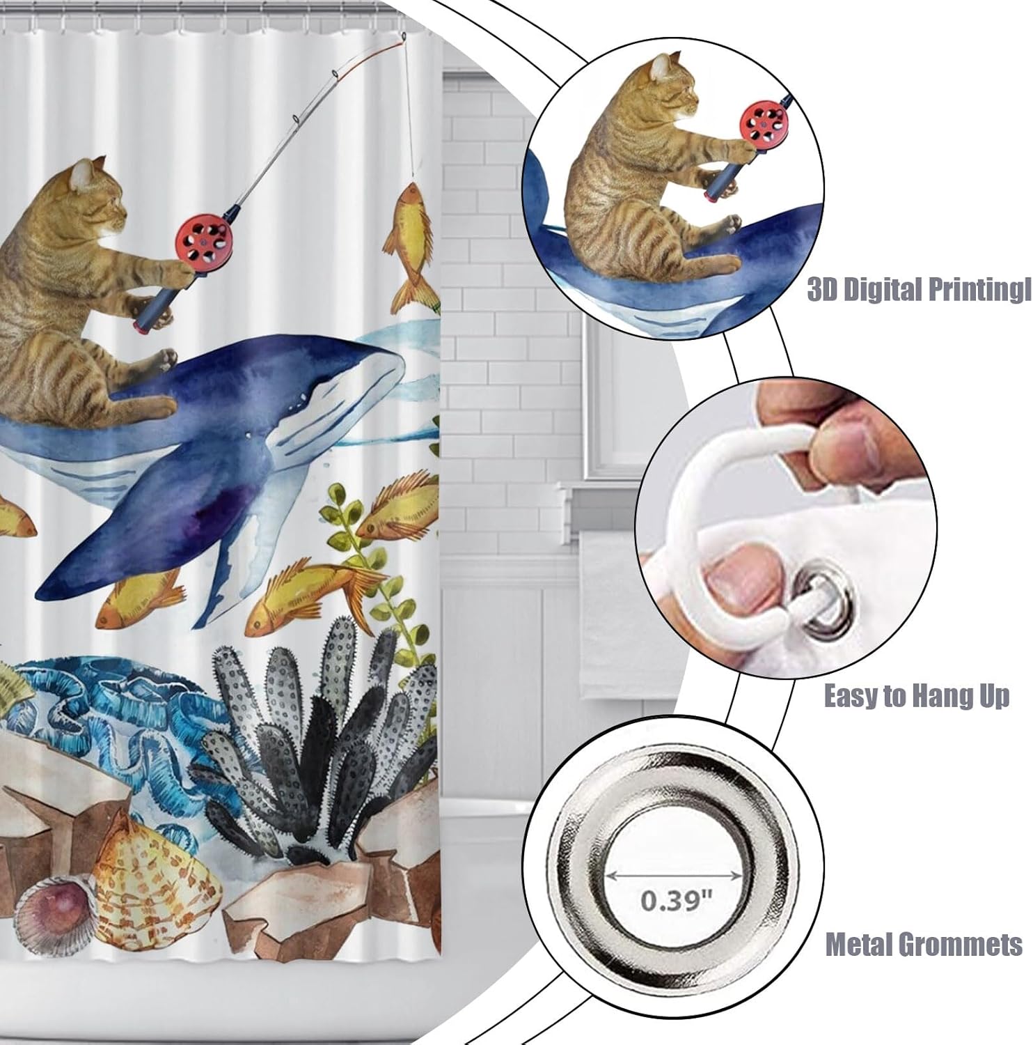 SRINKOC Divertida cortina de ducha con diseño de gato, tiburón, olas del océano, cortinas de baño de tela para decoración de baño, cortina de ducha