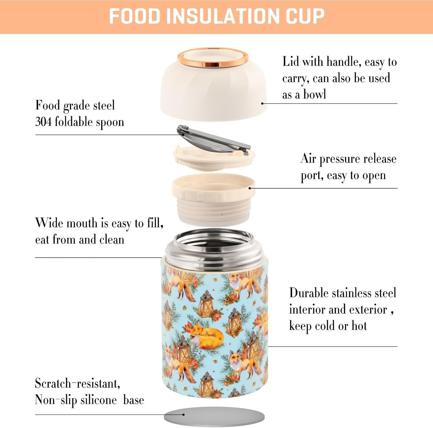 Watercolor Woodland Fox – Recipiente aislado para alimentos con cuchara de 17 onzas  16.9 fl oz, de acero inoxidable, a prueba de fugas, almuerzo