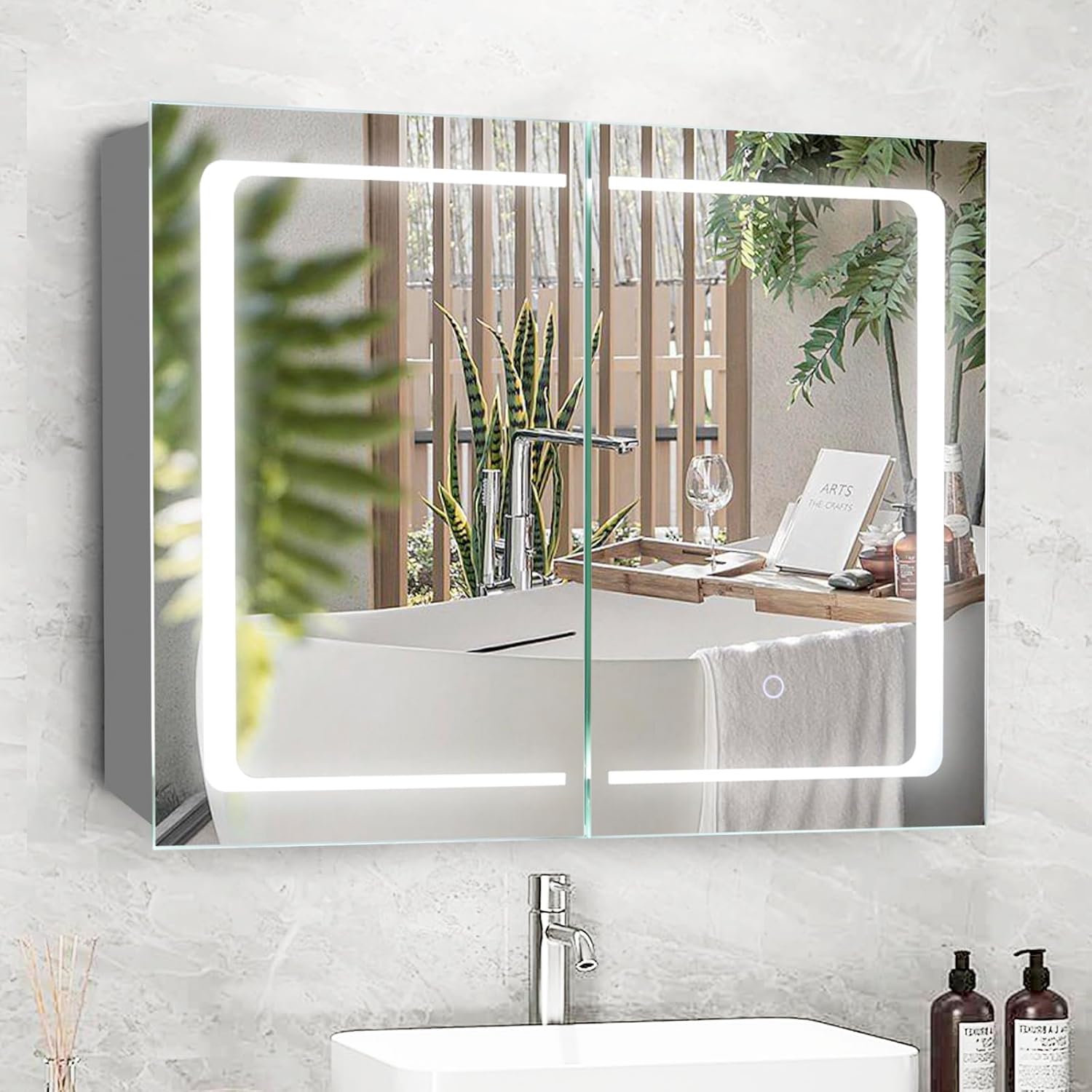 Movo Botiquín iluminado con espejo para baño, 24 x 32 pulgadas de montaje en superficie con espejo y luz LED, gabinete de baño con puertas dobles