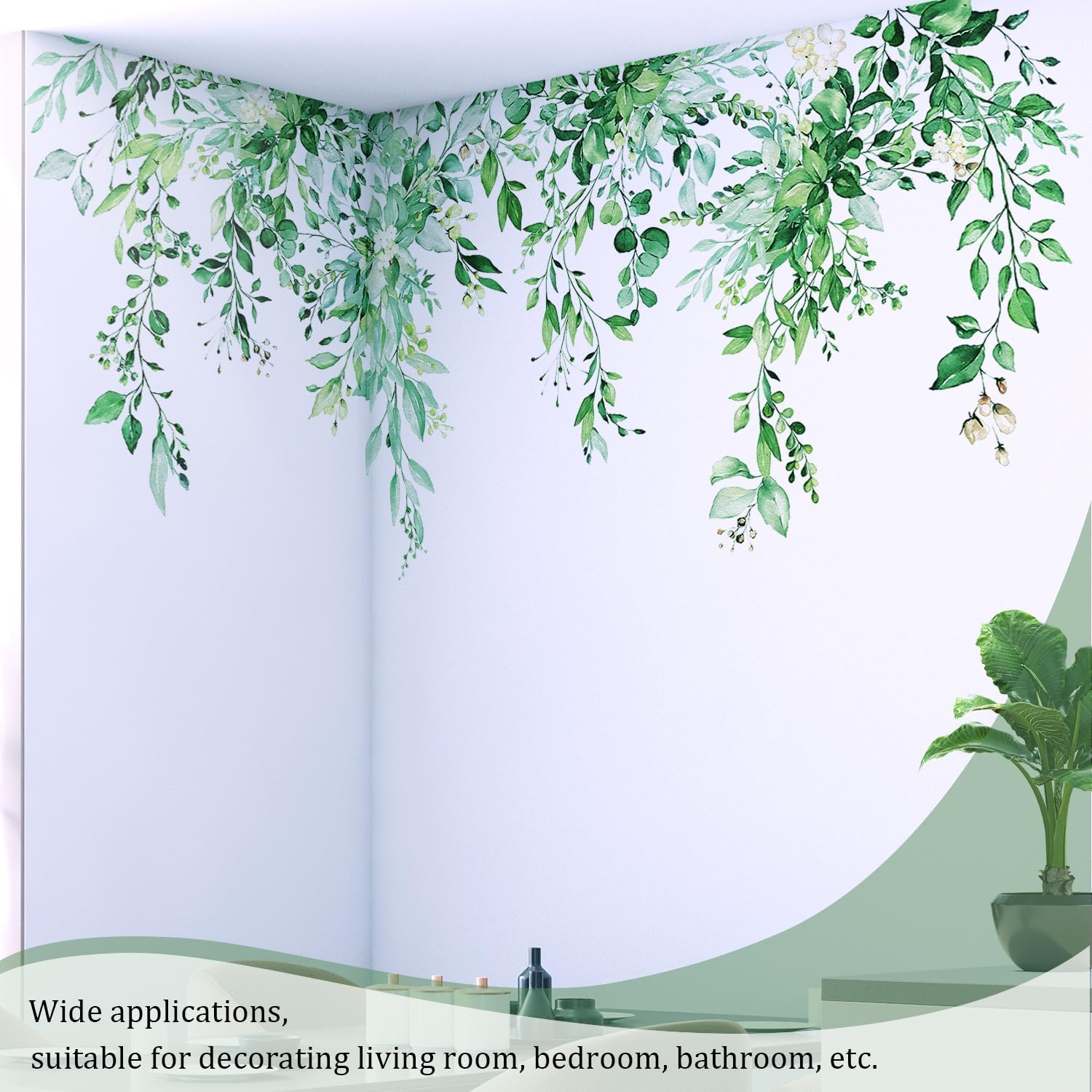 VePret Calcomanías de pared de hojas de plantas verde esmeralda, calcomanías de vinilo de flores grandes, calcomanías de pared de vid extraíbles,