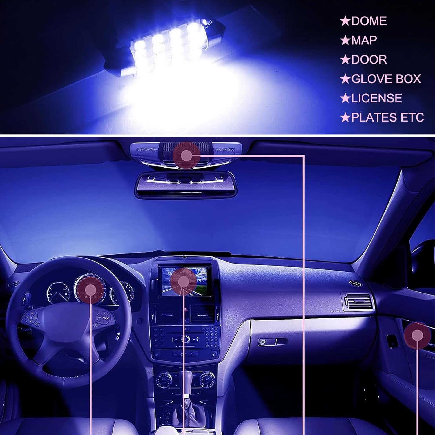 UGSHY Juego de 24 bombillas LED para automóvil, bombillas interiores T10, luz de lectura de doble punta, luz de cúpula, apta para luces interiores