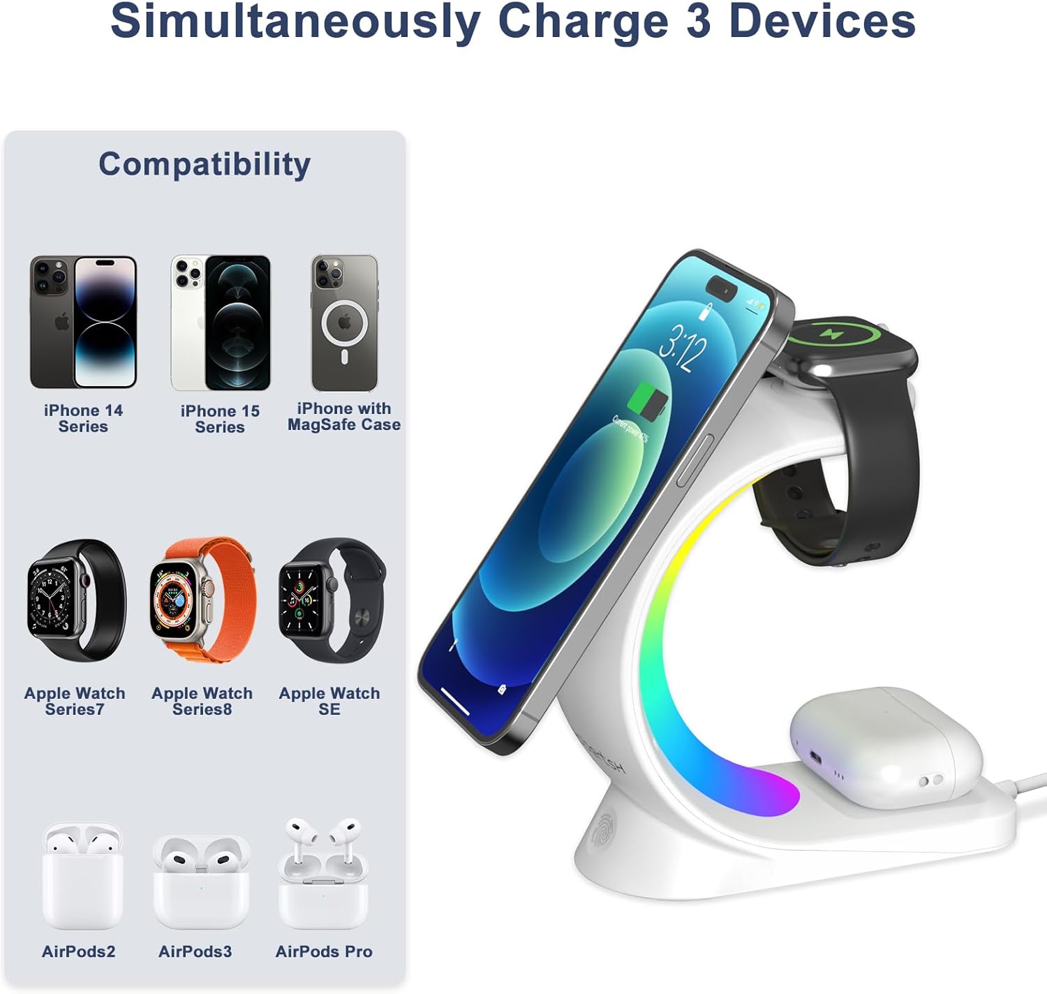 Cargador inalámbrico 3 en 1, con 6 modos de luz colorida para soporte de escritorio, estación de carga inalámbrica MagSafe rápida para iPhone 15 14