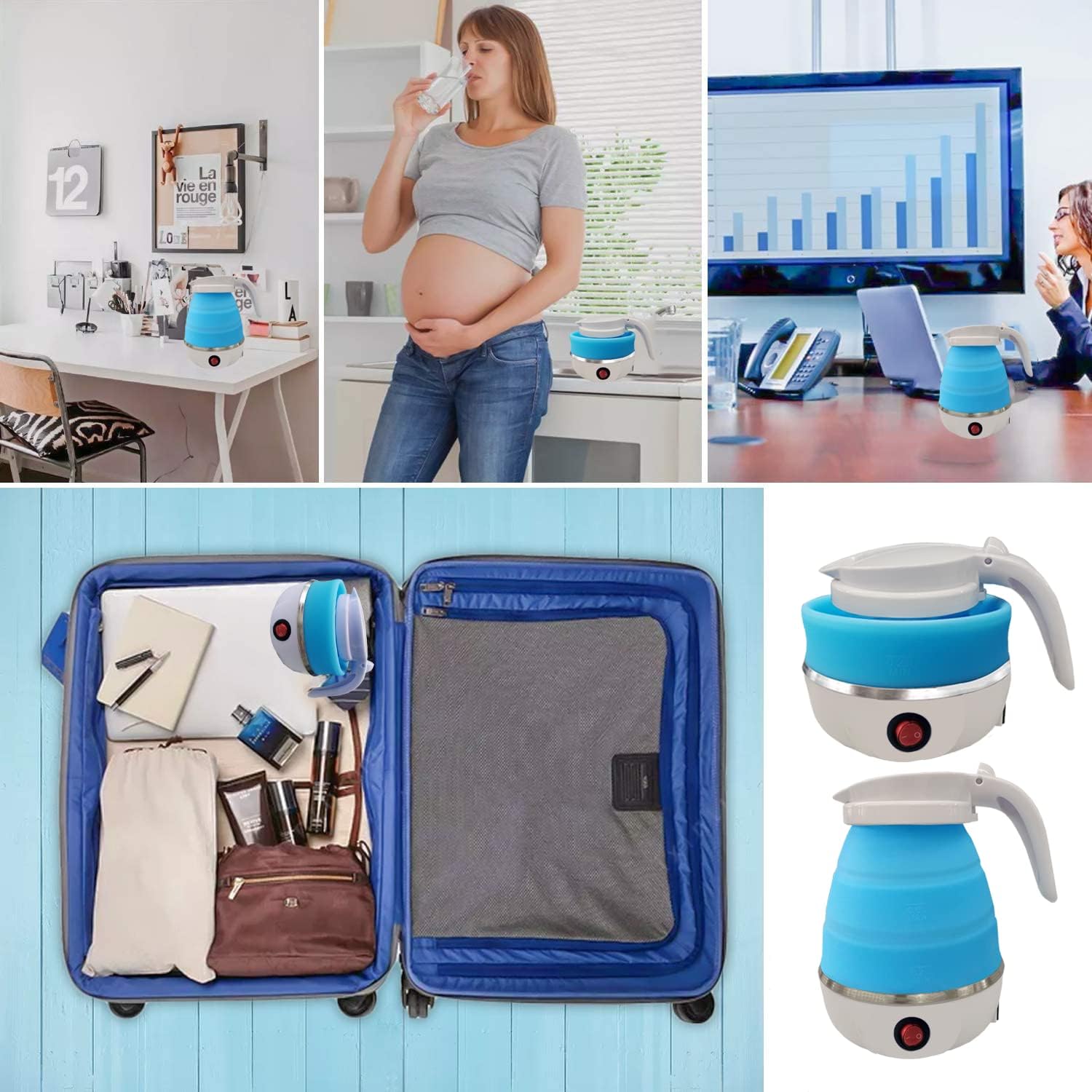 Hervidor eléctrico portátil plegable con silicona de grado alimenticio, 6 minutos de agua de ebullición rápida para acampar o viajar, hervidor
