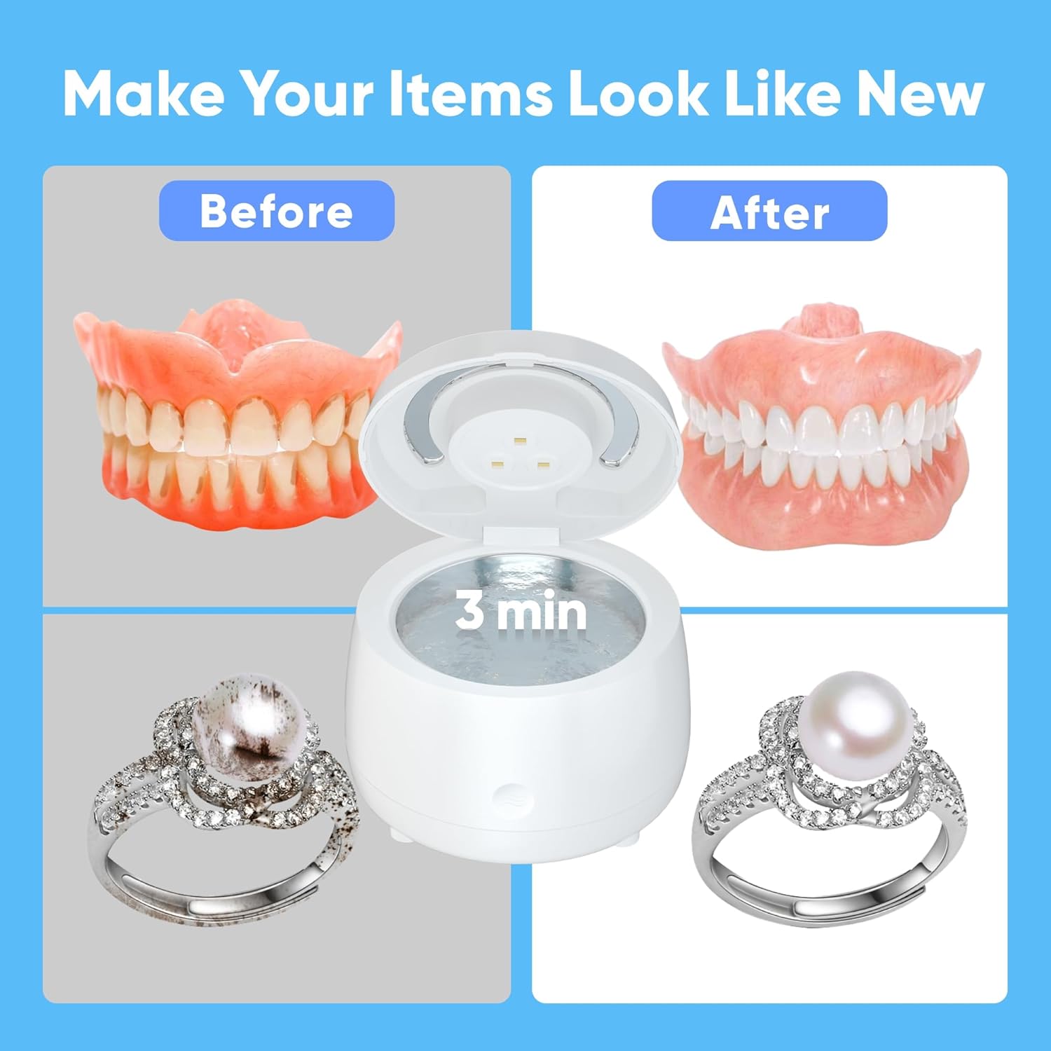 Limpiador ultrasónico para dentaduras postizas, retenedor, protector bucal, alineador, cabezal de cepillo de dientes, limpiador ultrasónico de