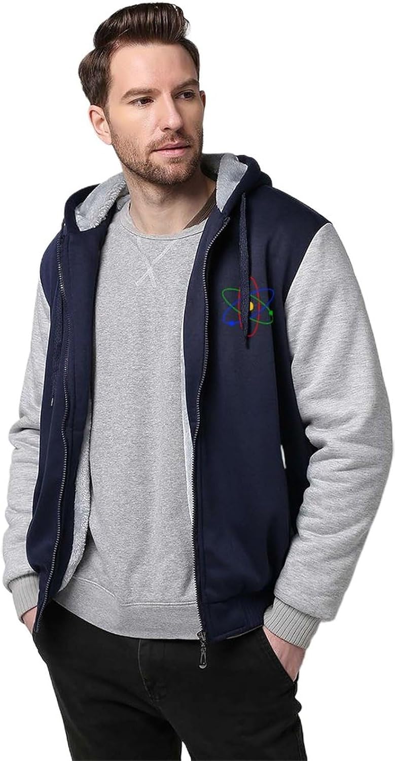 Science Atom Logo Men’s Zippered Up Hoodie Winter Heavyweight Sweatshirt Print Thick Jacket with Pocket