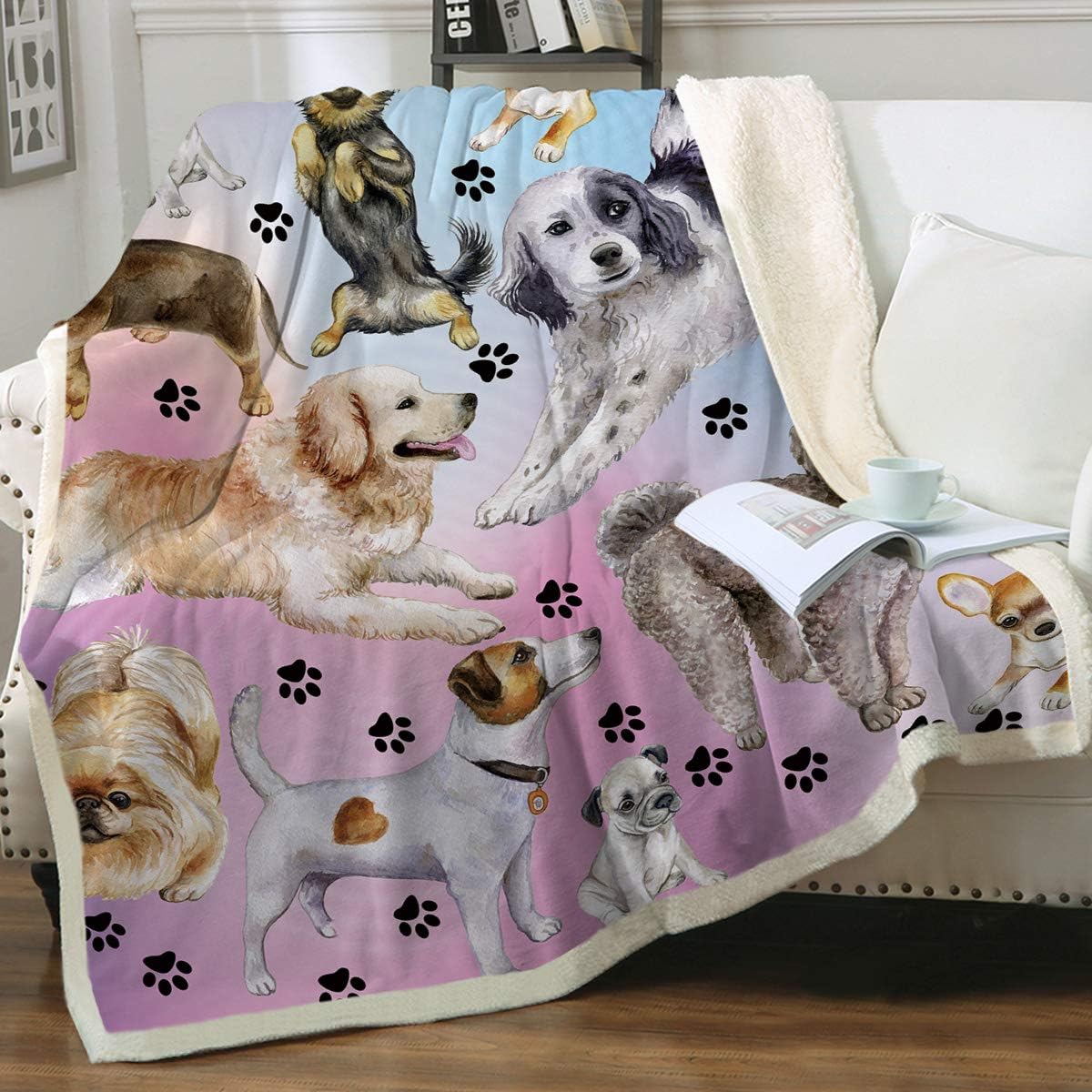 Sleepwish Manta de vellón con estampado de patas de perro, color rosa pastel, manta sherpa con estampado de animales de cachorro, súper suave,