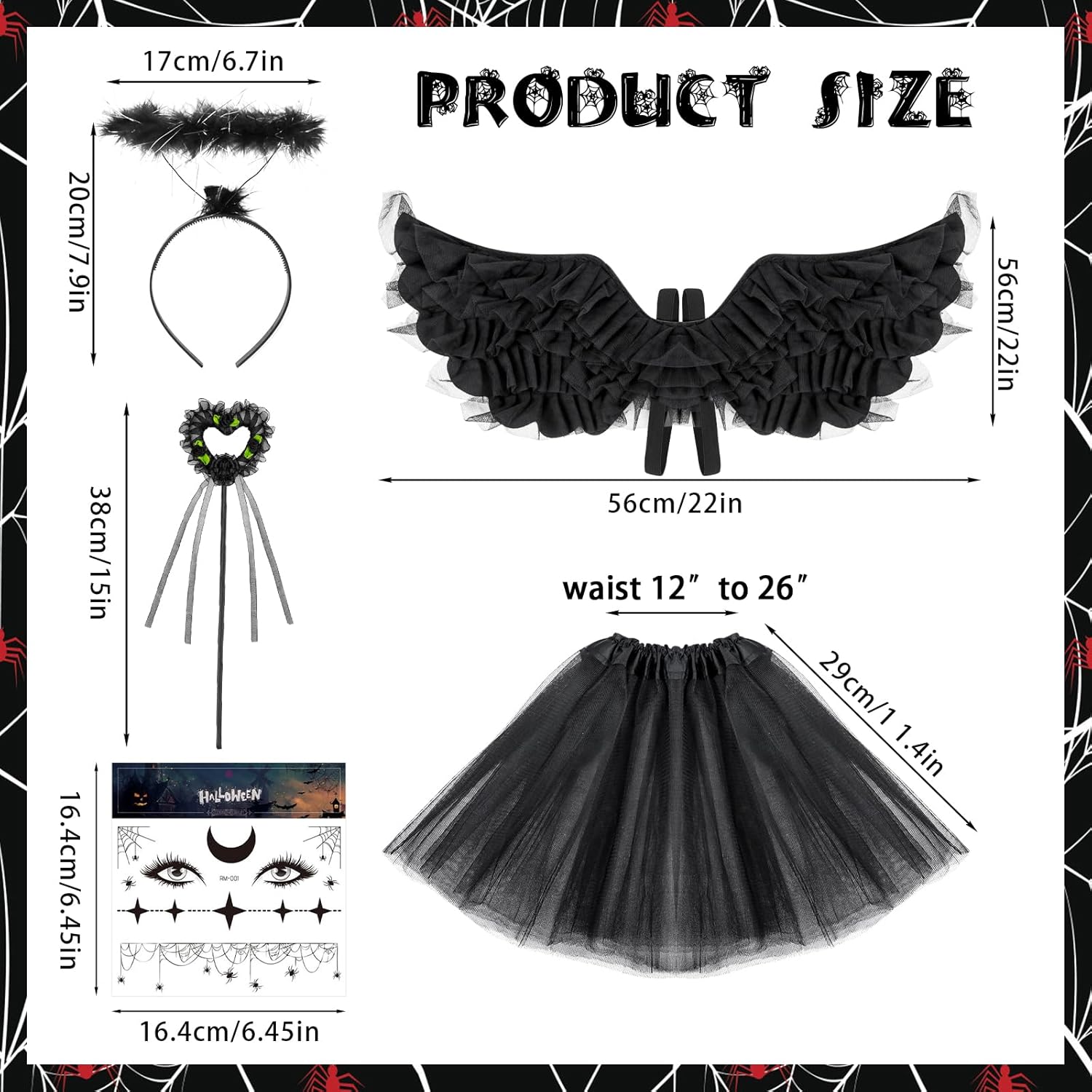 SelfTek 5 piezas de disfraz de ángel caído para niñas, alas de ángel oscuras negras y halo, falda tutú para niños de 3 a 12 años, vestido de cosplay
