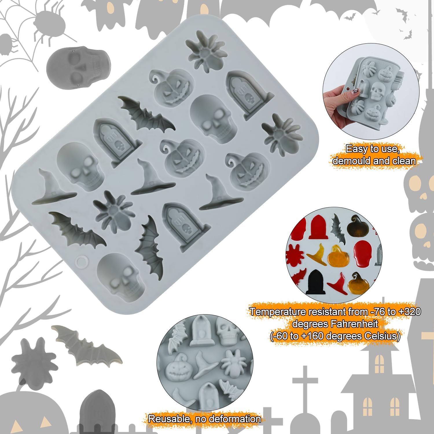 2 moldes para dulces de Halloween, molde de silicona de caramelo de chocolate para Halloween, calavera, calabaza, molde de silicona de Halloween
