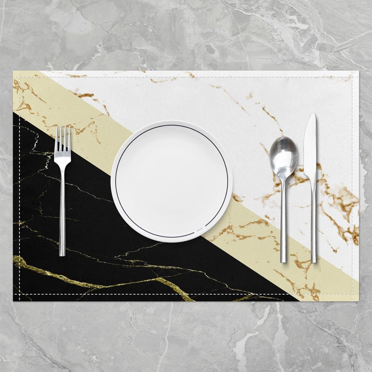 Juego de 4 manteles individuales de mármol amarillo negro y blanco geométrico, triangular, manteles individuales modernos con diseño de mármol para