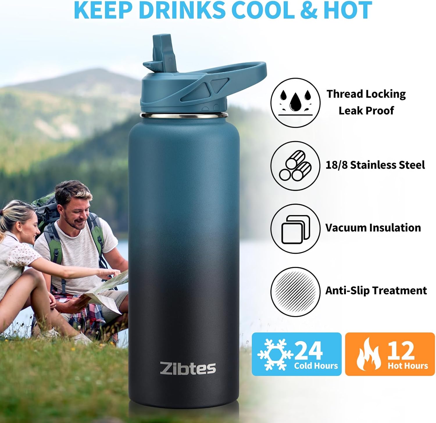 Zibtes Botella de agua aislada de 32 onzas con popote, 3 tapas (tapa abatible, boquilla y asa), botella de agua deportiva de acero inoxidable a