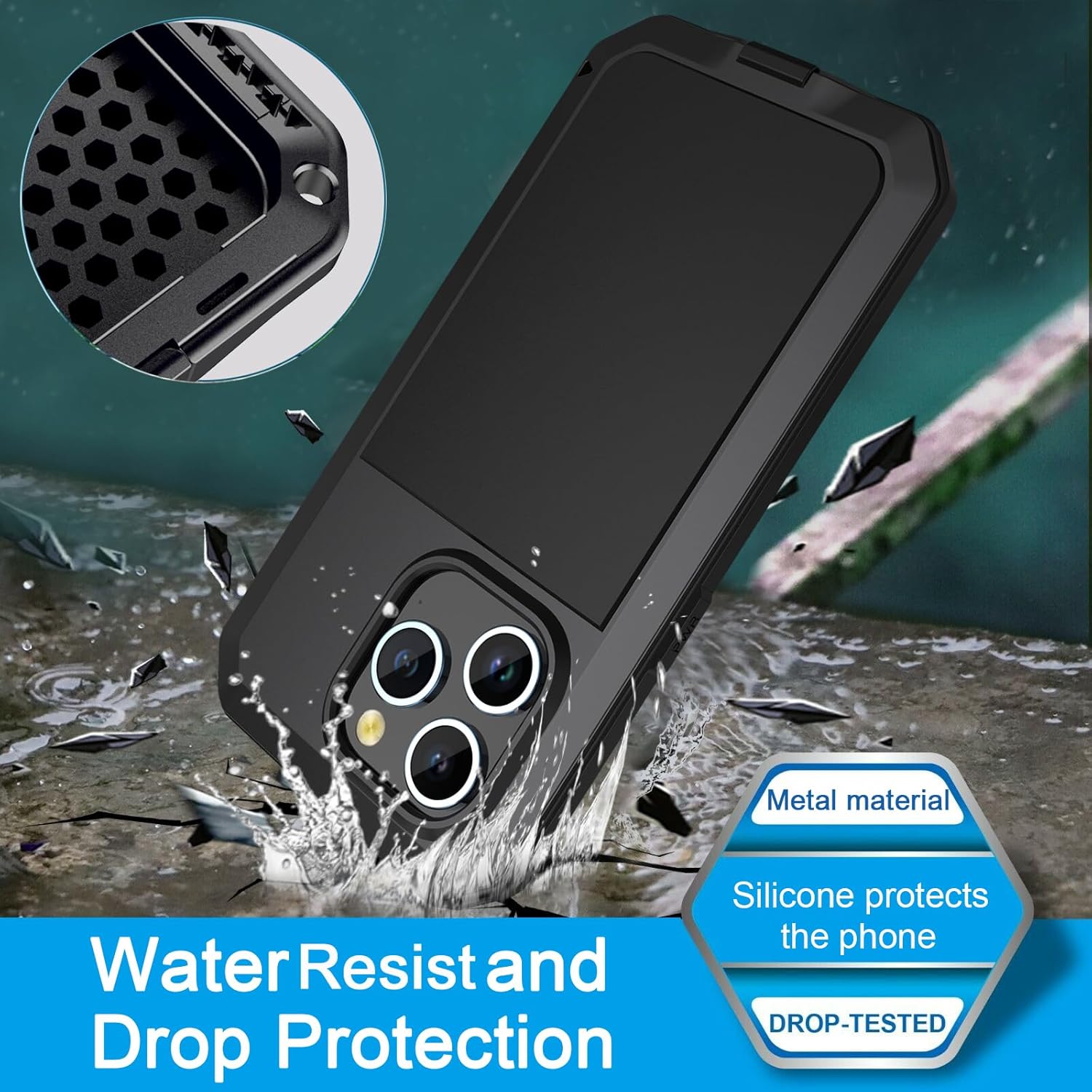 Marrkey Compatible con iPhone 15, funda protectora de cuerpo completo 360, resistente a los golpes, armadura resistente, funda de metal de aleación