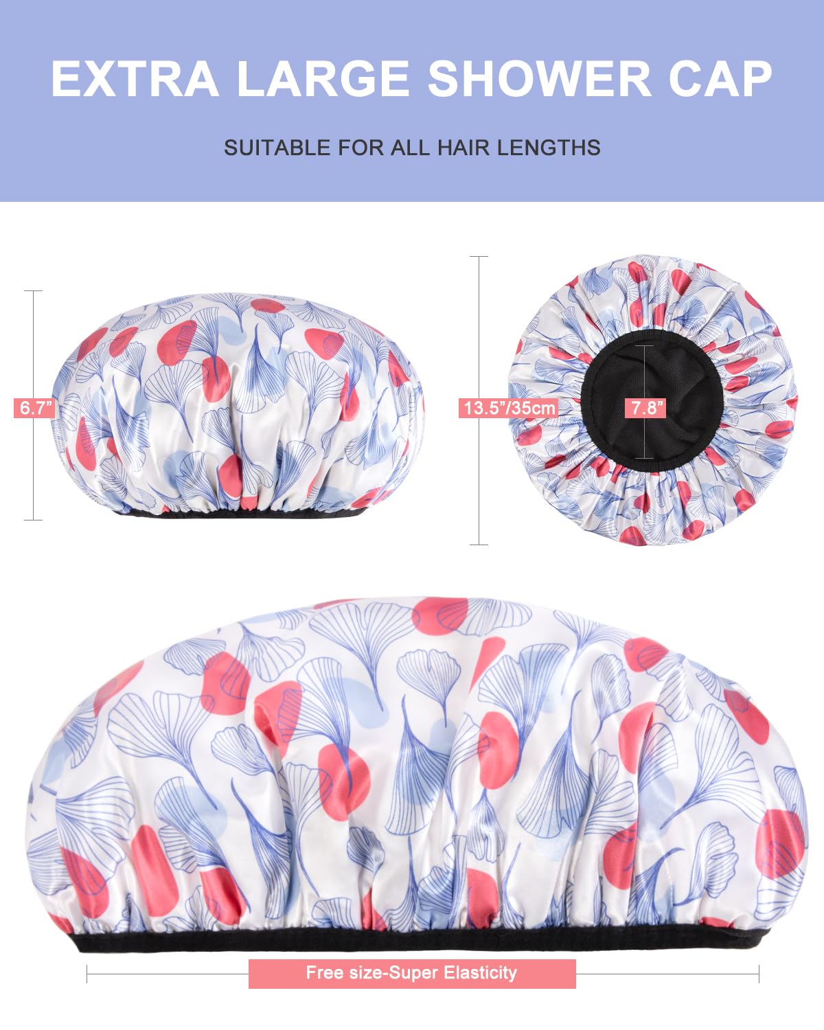 Aquior Gorro de ducha con forro de rizo para mujer, gorro de ducha reutilizable, triple capa impermeable, extra grande para mujeres de pelo largo