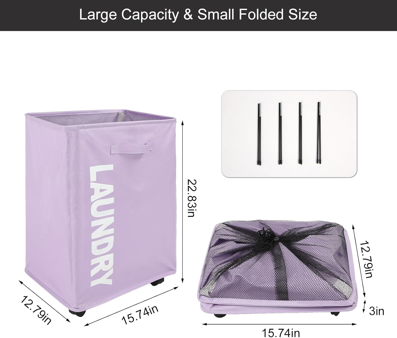 Surblue Cesta para la ropa sucia delgada con ruedas, cesta plegable para la ropa sucia con asa, contenedores de almacenamiento en las esquinas del