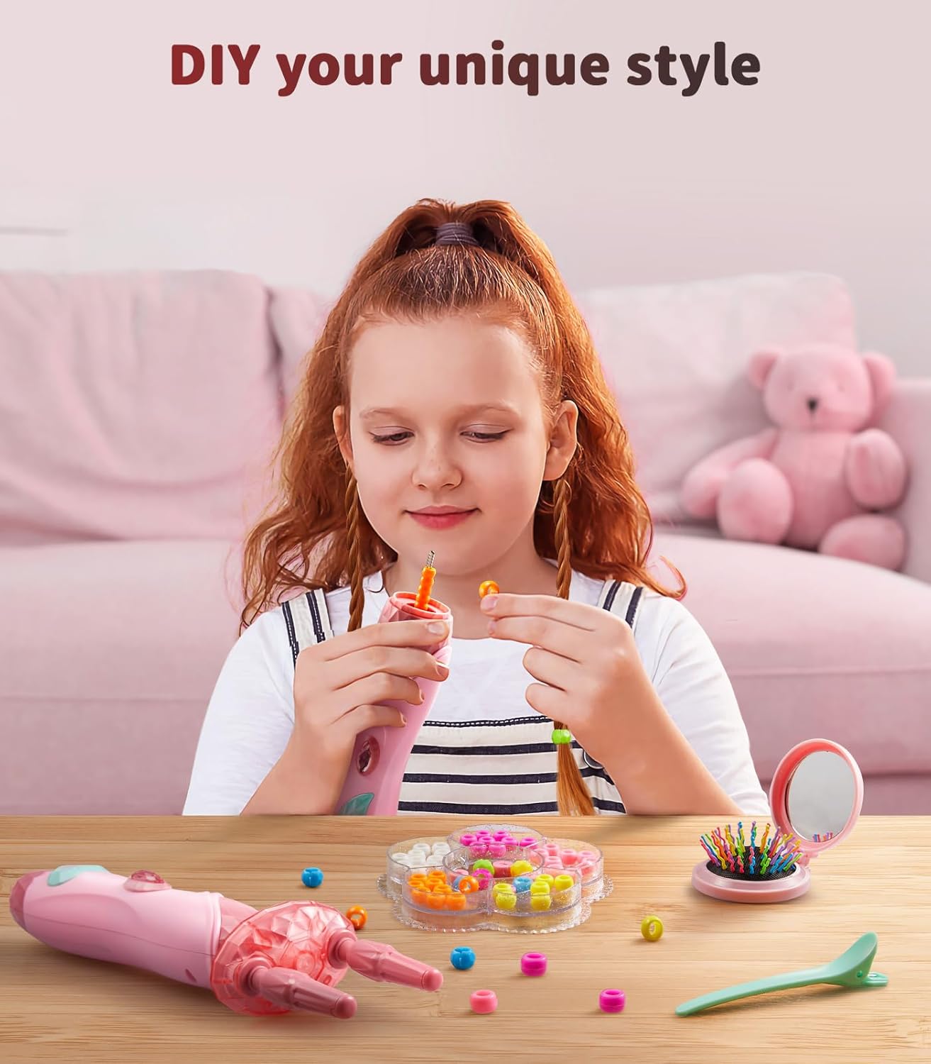 Geyiie Juguetes de peluquería para niños, kit de maquillaje para niñas con cuentas para trenzas de cabello, juguetes de princesa, herramientas de