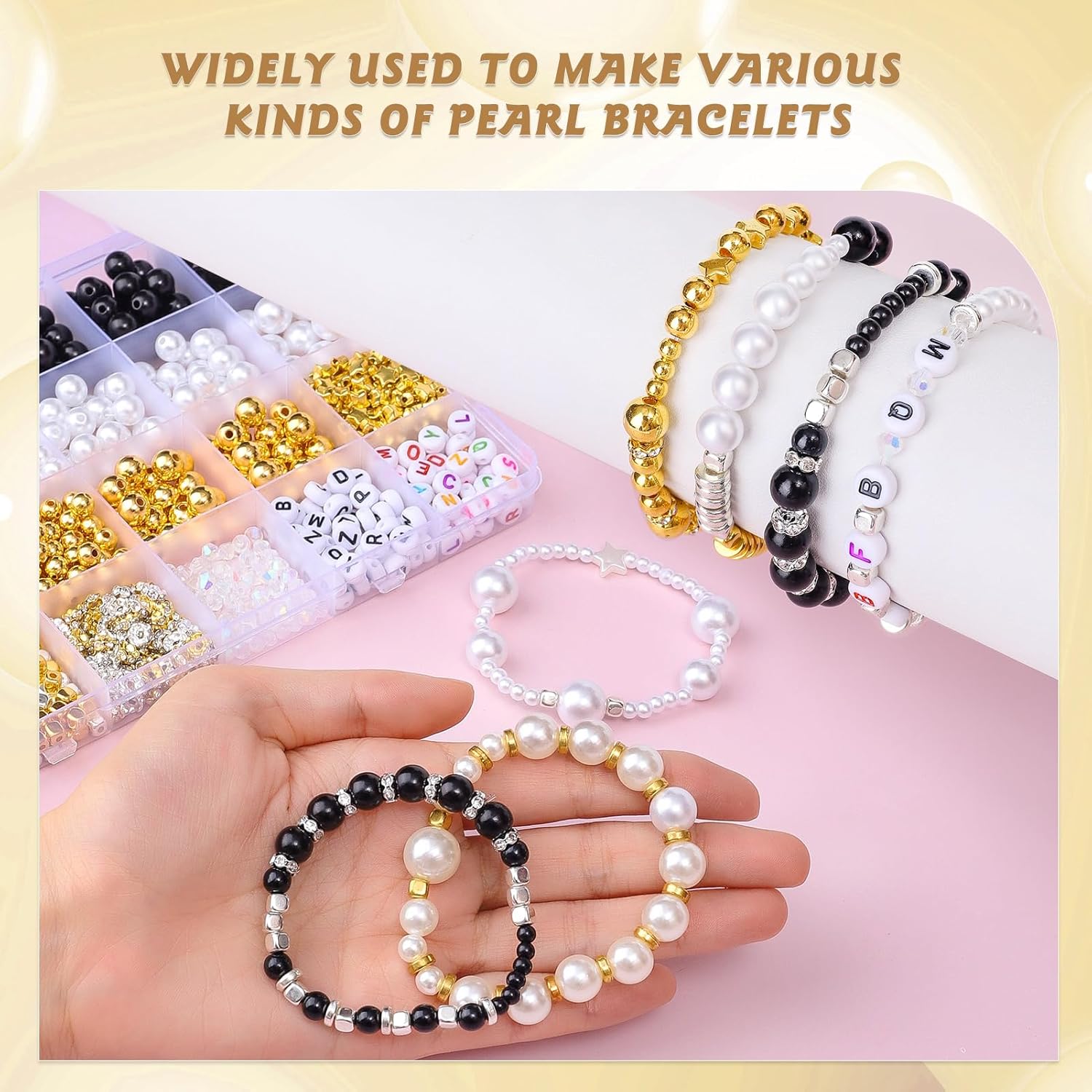 JADVY Kit de 1800 cuentas de perlas para hacer joyas con cuentas espaciadoras, cuentas de perlas negrablancadorada para pulseras, collares, aretes,