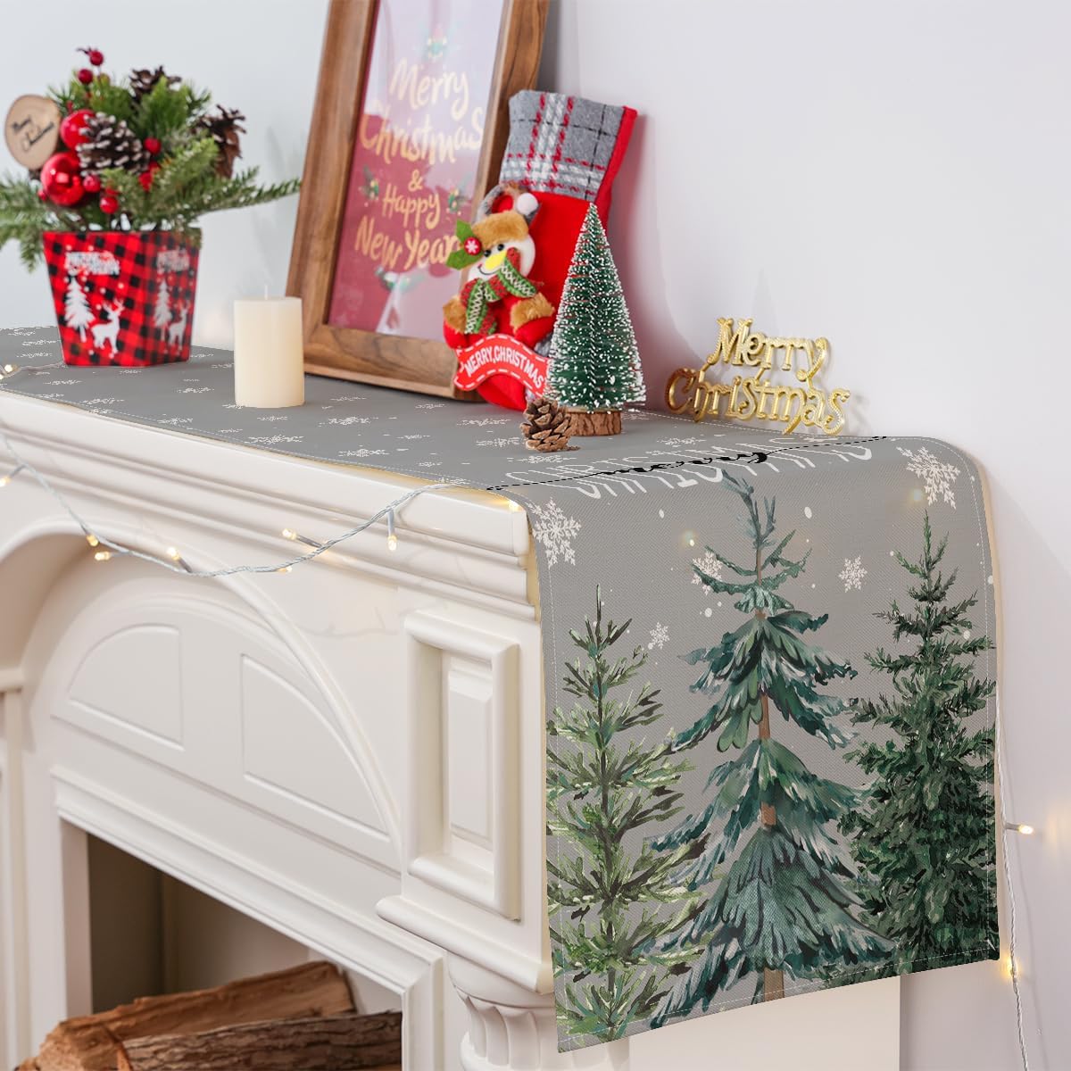 Siilues Camino de mesa de Navidad, decoración de árbol de Navidad en acuarela, copo de nieve, camino de Navidad para mesa, decoración de vacaciones