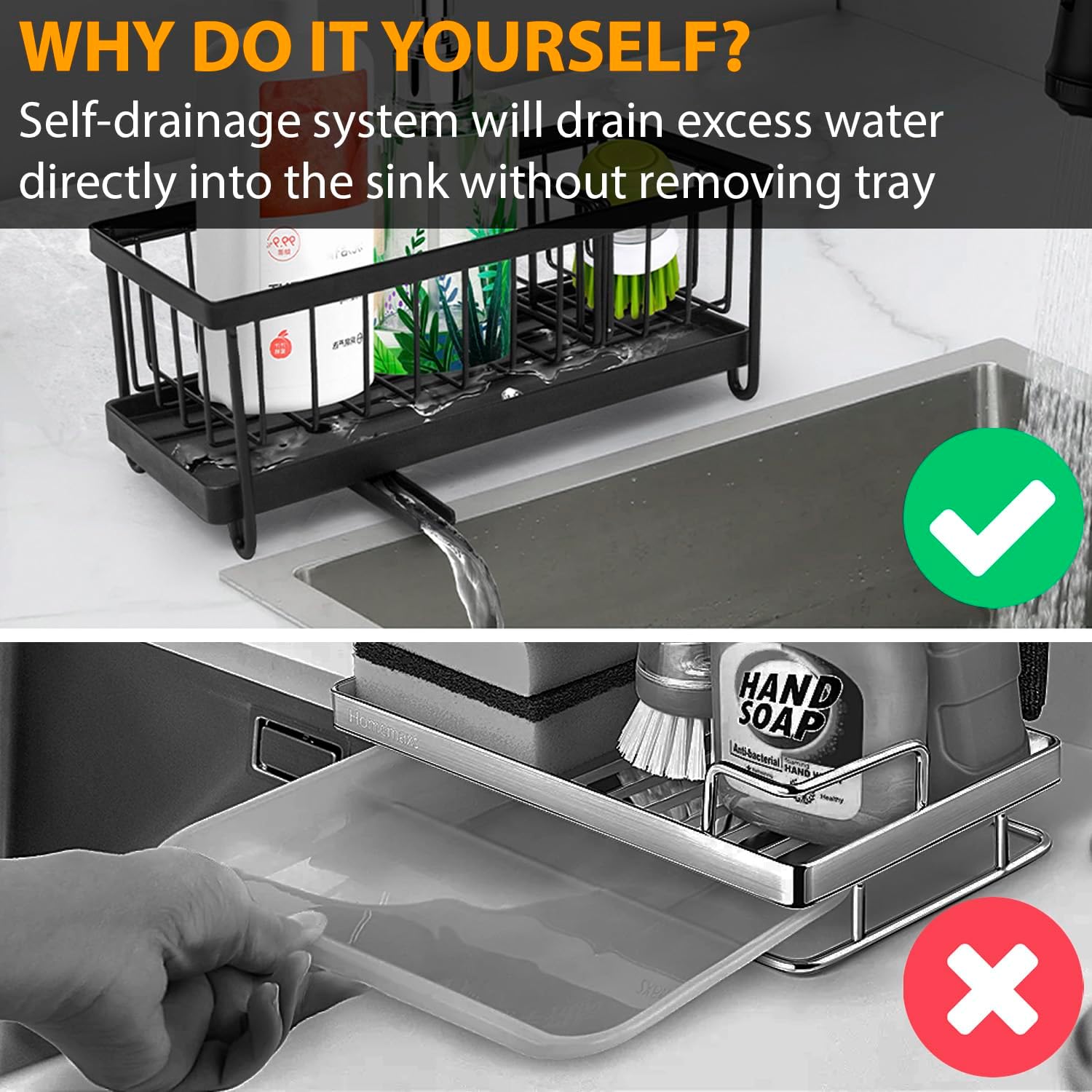 KSEV Organizador de fregadero con bandeja de drenaje ajustable con boquilla automática (acero inoxidable inoxidable), organizador de fregadero de