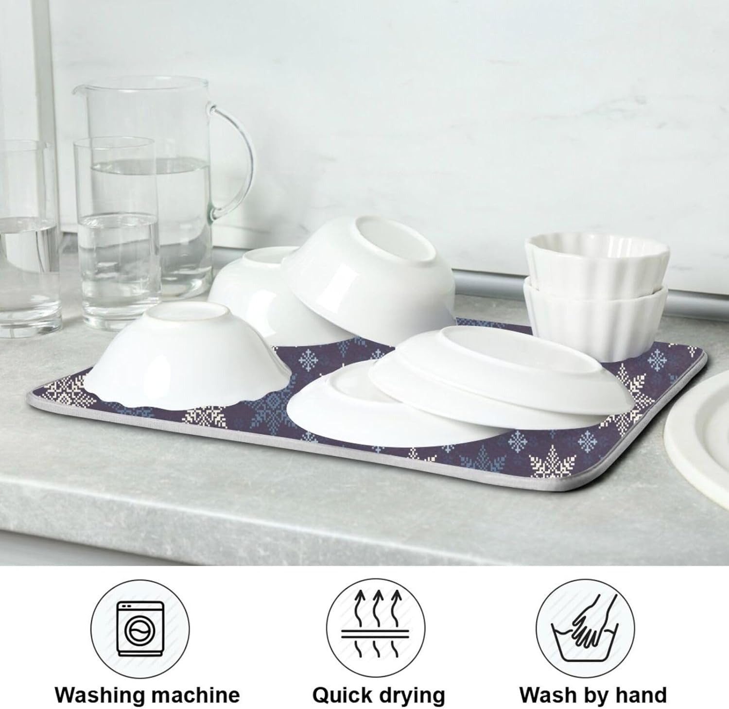 Winter Holiday Snowflakes Drying Dish Mat Washnable Absorbent Dish Drying Pad For Kitchen Counter Dish Drying Matts Tapete Para Cocina 16” x 18”