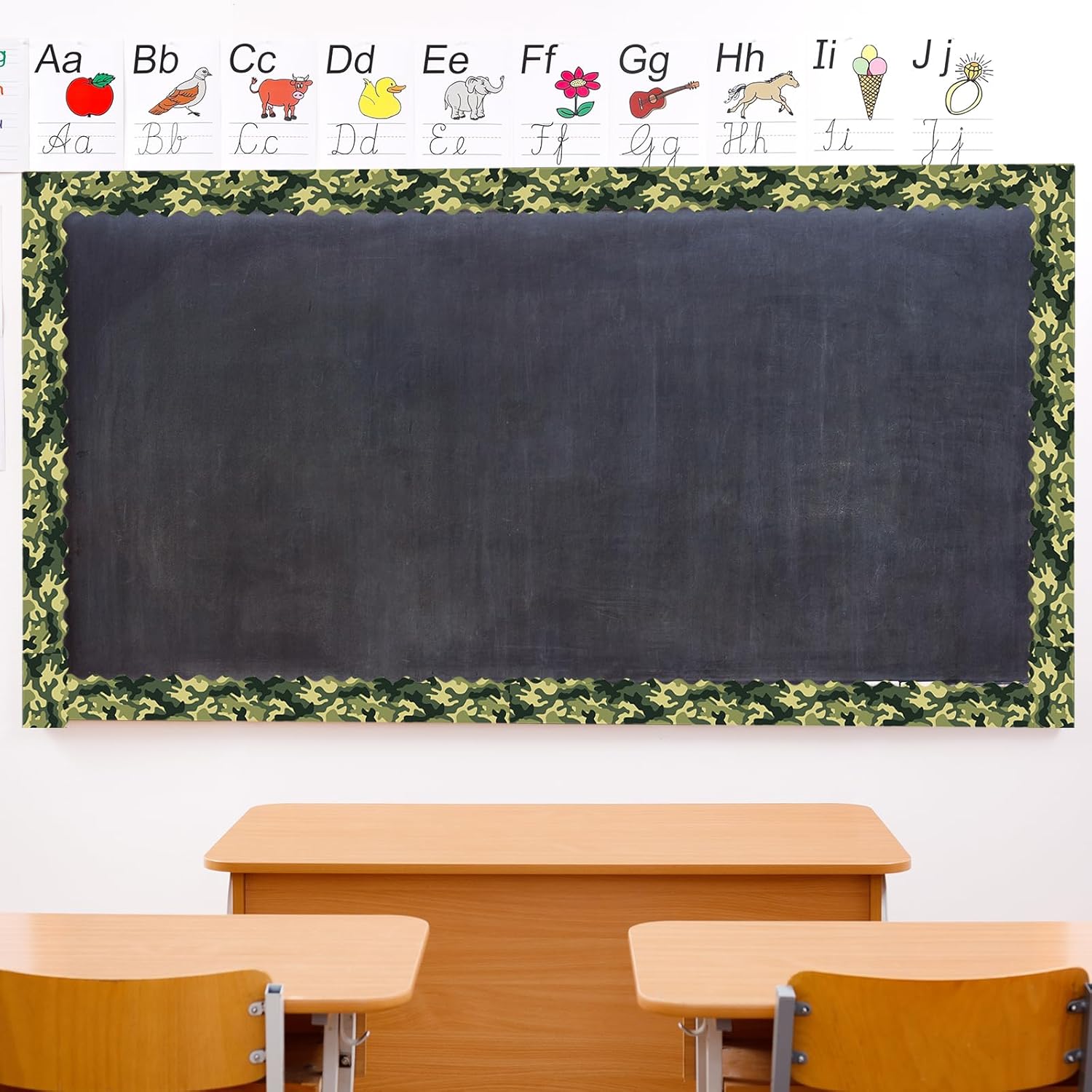 Bordes de tablero de anuncios de camuflaje de 82 pies, 4 diseños, 72 unidades, color verde, marrón, azul y negro, calcomanías de borde de camuflaje