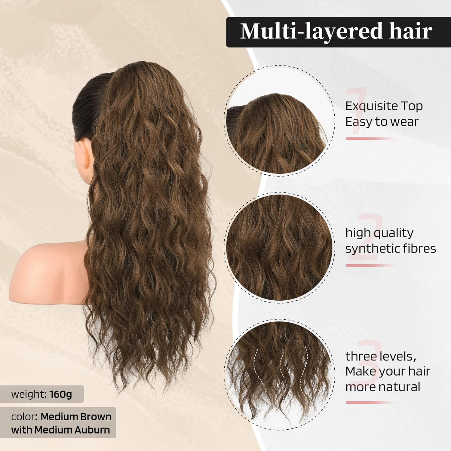 FLUFYMOOZ Extensión de cola de caballo, 22 pulgadas, extensiones de cabello sintético ondulado largo y rizado para mujer (22 pulgadas, marrón con