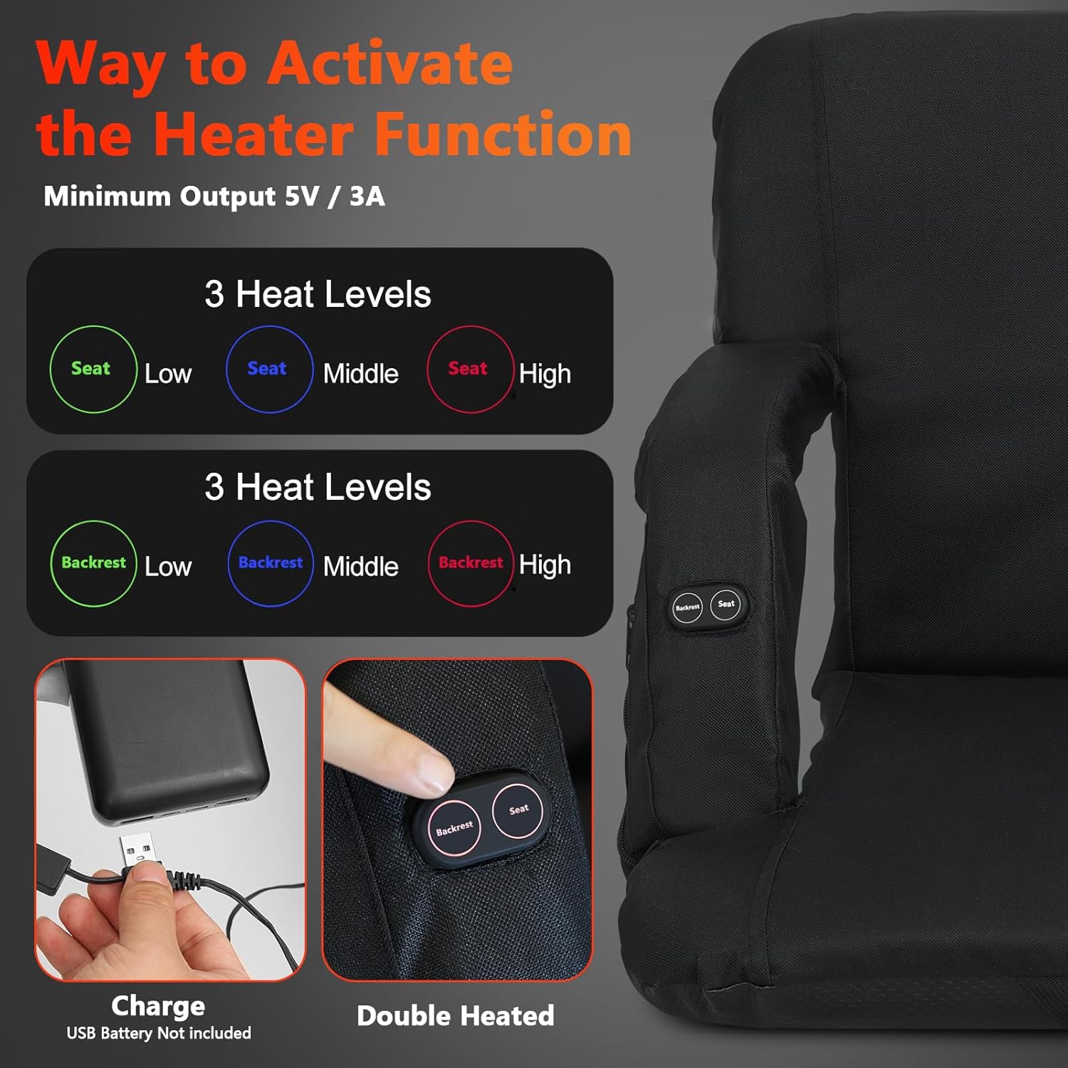 FONDGARI Double Heated Stadium Seats for Bleachers with Back & Arm Support – Built-in 3 Level Heater – 5 Pockets for Phone, Drinks, and Food