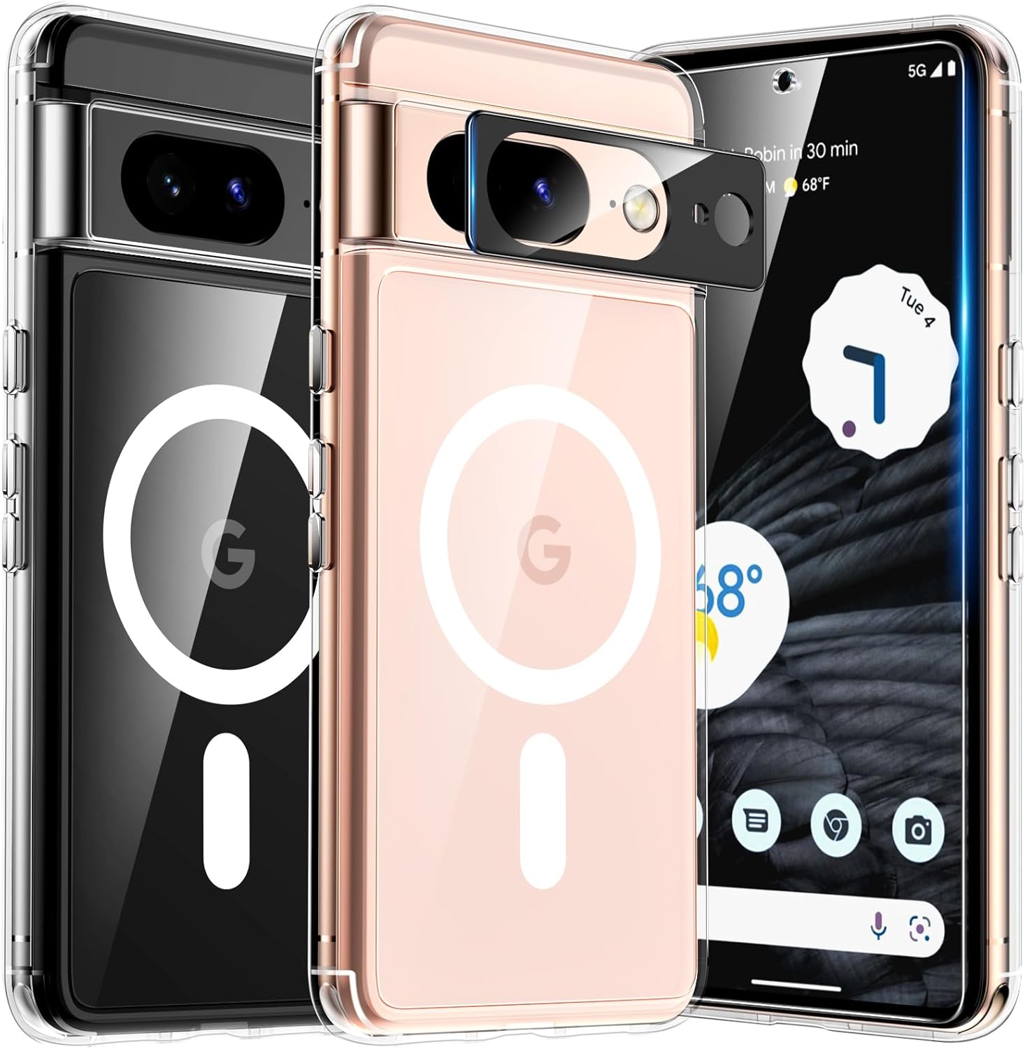 TAURI Magsafe – Funda 5 en 1 para Google Pixel 8, no amarillea, con 2 protectores de pantalla de vidrio templado + 2 protectores de lente de cámara,
