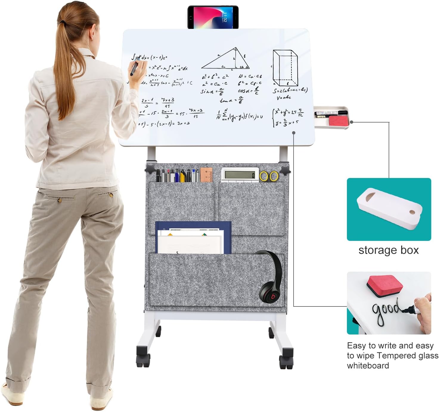 Escritorio de pie de altura ajustable, escritorio de vidrio templado para escribir con borrador, giro de 360, ruedas y bolsa, ideal para espacios