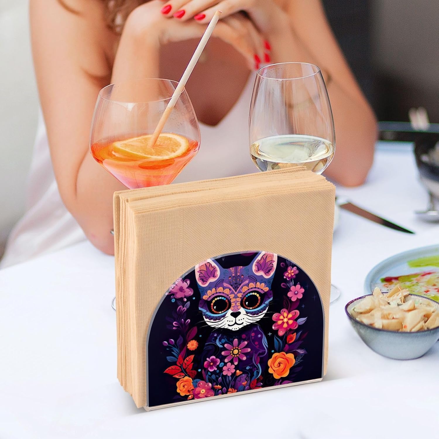Servilletero de gato con calavera de azúcar de Halloween para mesa, dispensadores de servilletas de tejido acrílico, servilleteros de cóctel para