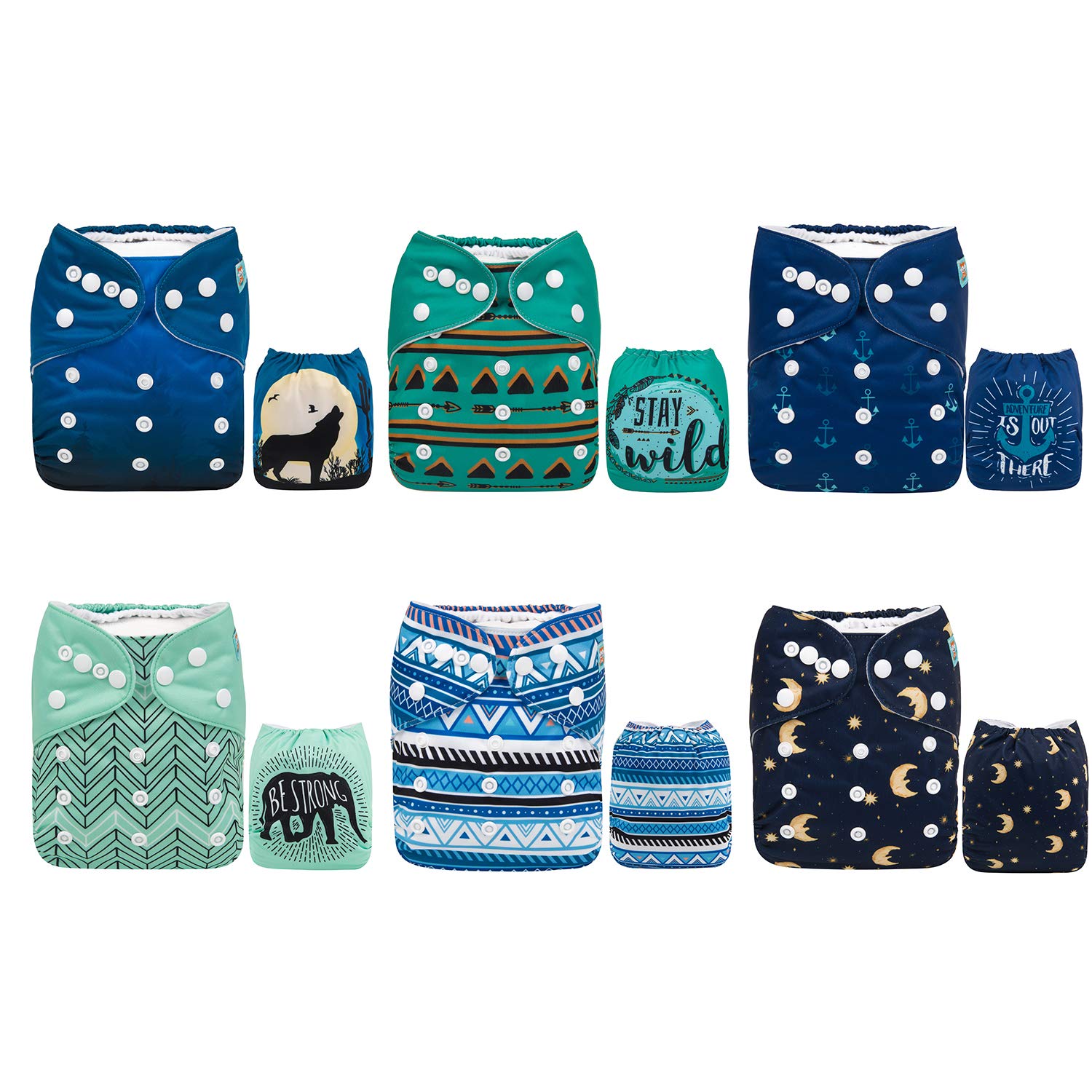 ALVA Baby – Pañales de tela, talla única, ajustable, lavable, reutilizable, para niñas y niños, paquete de 6 con 12 insertos (aventuras salvajes)