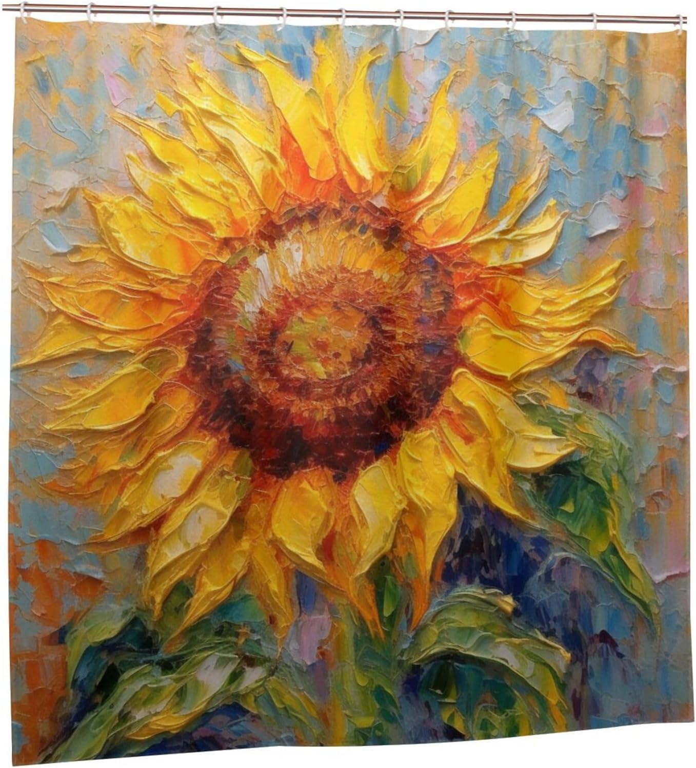 YLATY2395 – Cortina de ducha de girasol para baño, pintura al óleo, hojas verdes, flores, bohemio, tela amarilla abstracta, moderna, impermeable,