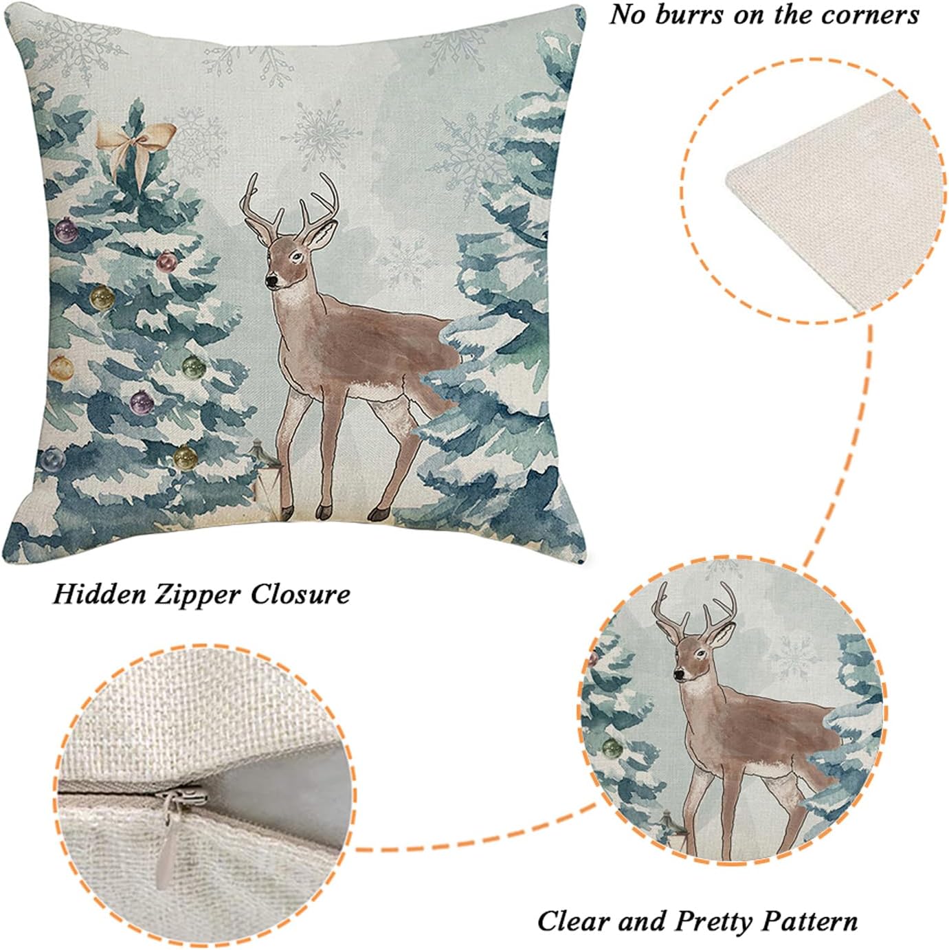 Juego de 4 fundas de almohada de Navidad de 18 x 18 pulgadas, decoración de Navidad, árbol de Navidad, renos, fundas de cojín de casa de campo para