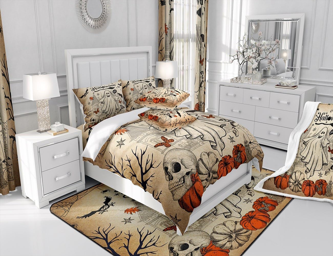 Lindo juego de funda de edredón de fantasma, tamaño individual para niños y niñas, juego de ropa de cama de calabaza y calavera de azúcar, funda de