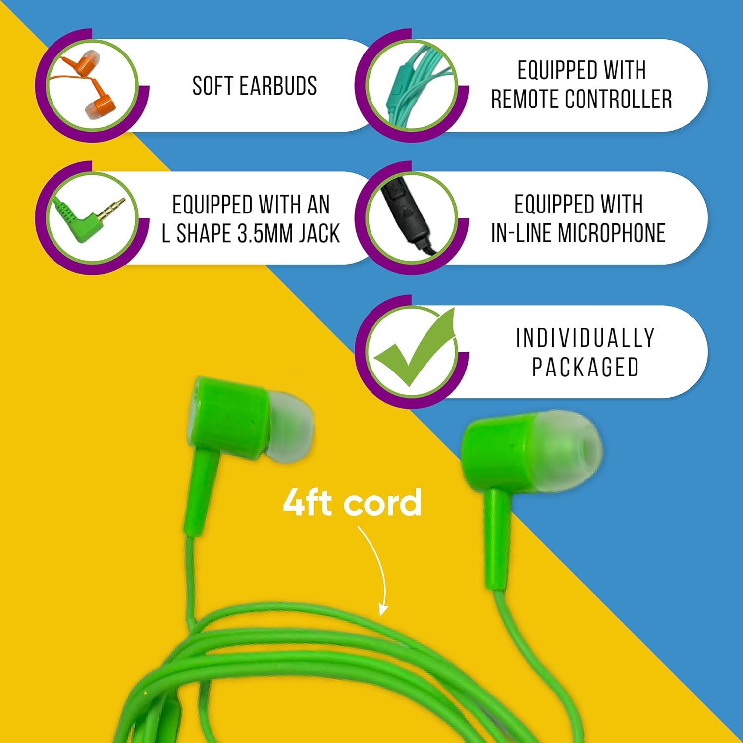 Paquete de 20 auriculares con micrófono multicolor para niños, empaquetados individualmente, auriculares desechables con micrófono, ideales para
