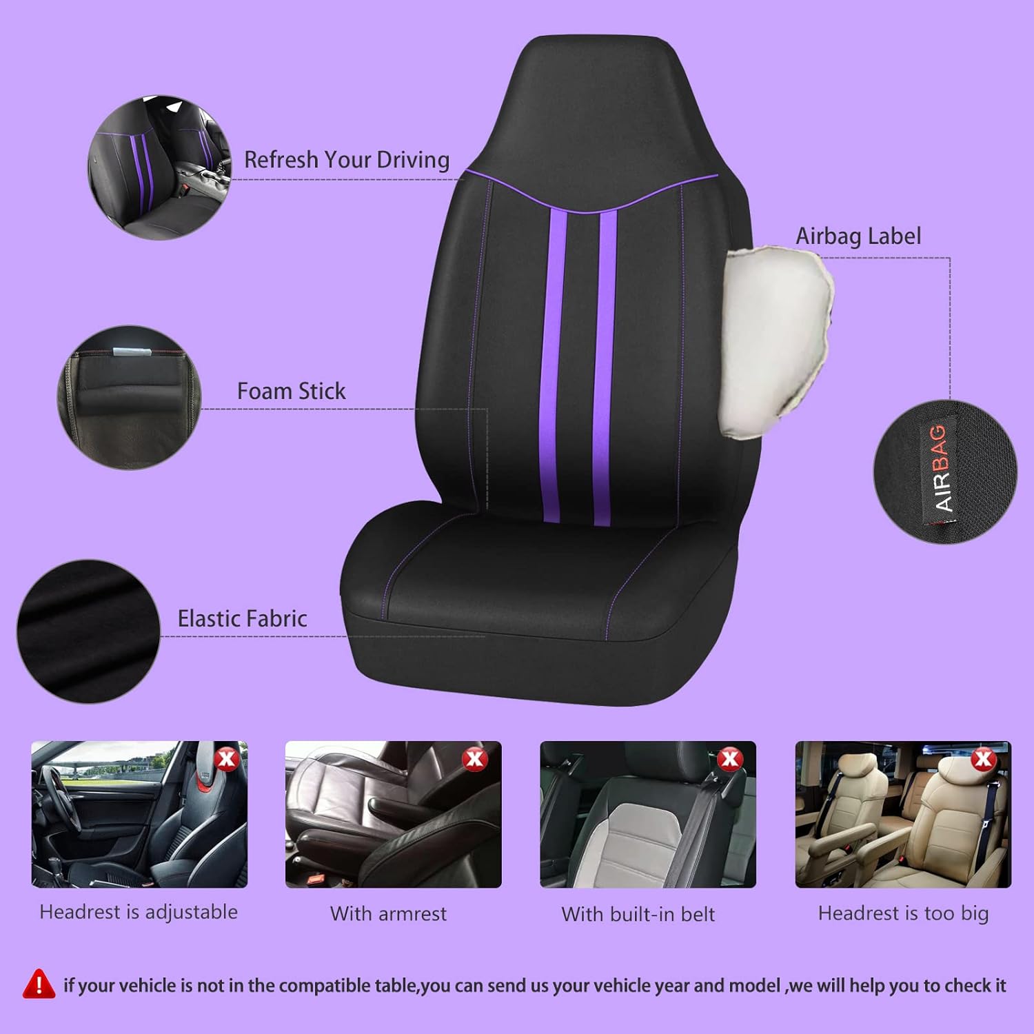 CAR-GRAND – Fundas para los dos asientos delanteros del auto, de ajuste universal, deportivas, Rainbow, con respaldo alto, compatibles con bolsa de