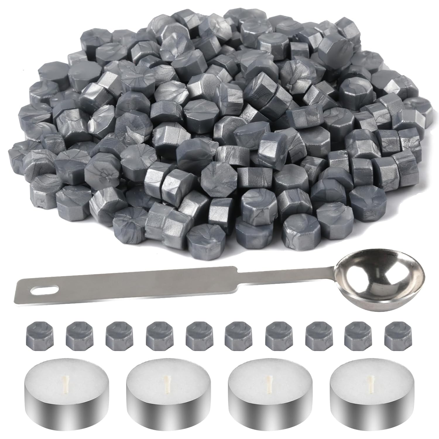 Cuentas de cera de sellado, lujoso kit de sellado de cera de 400 cuentas de sello de cera con 1 cuchara de fusión y 4 velas de té, ideal para sellos