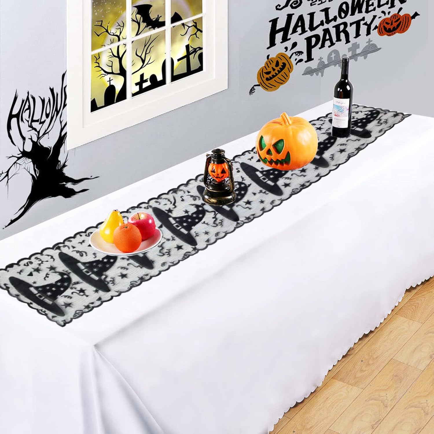 Camino de mesa de Halloween  Camino de mesa de encaje con sombrero de bruja para decoración de mesa de Halloween  Máscara de Halloween, cena, fiesta