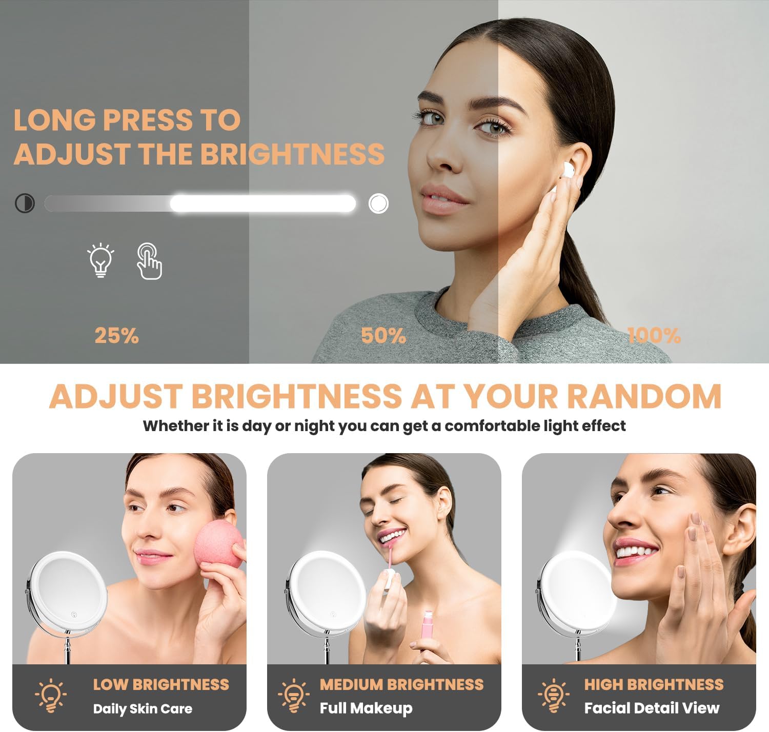 VERSAINSECT – Espejo de maquillaje con luces LED, pantalla táctil regulable con iluminación de 3 colores, espejo de maquillaje ajustable con brillo