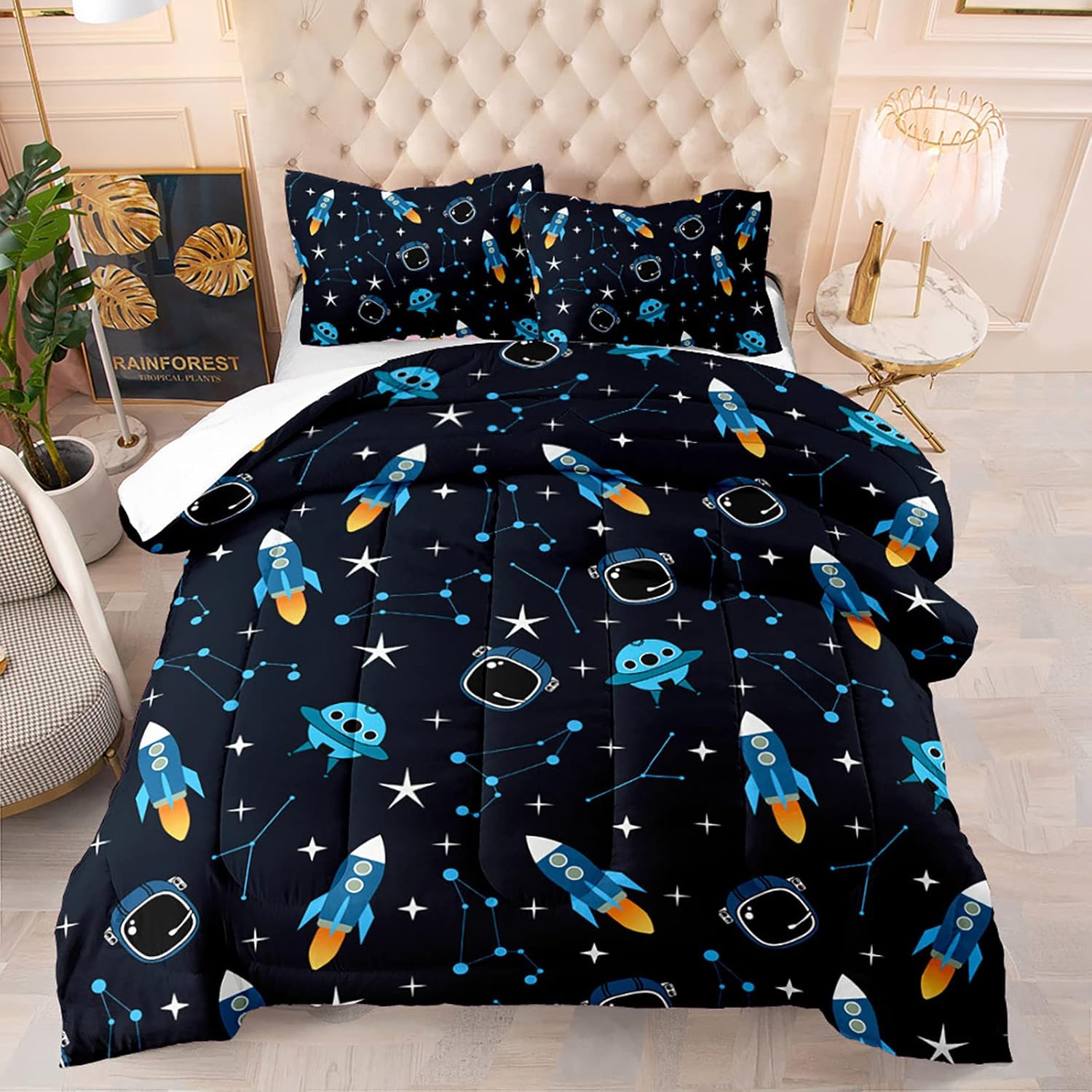 BailiPromise Juego de edredón de tamaño individual, diseño de cielo estrellado, diseño de espacio exterior, dibujos animados, para niños y niñas, 1